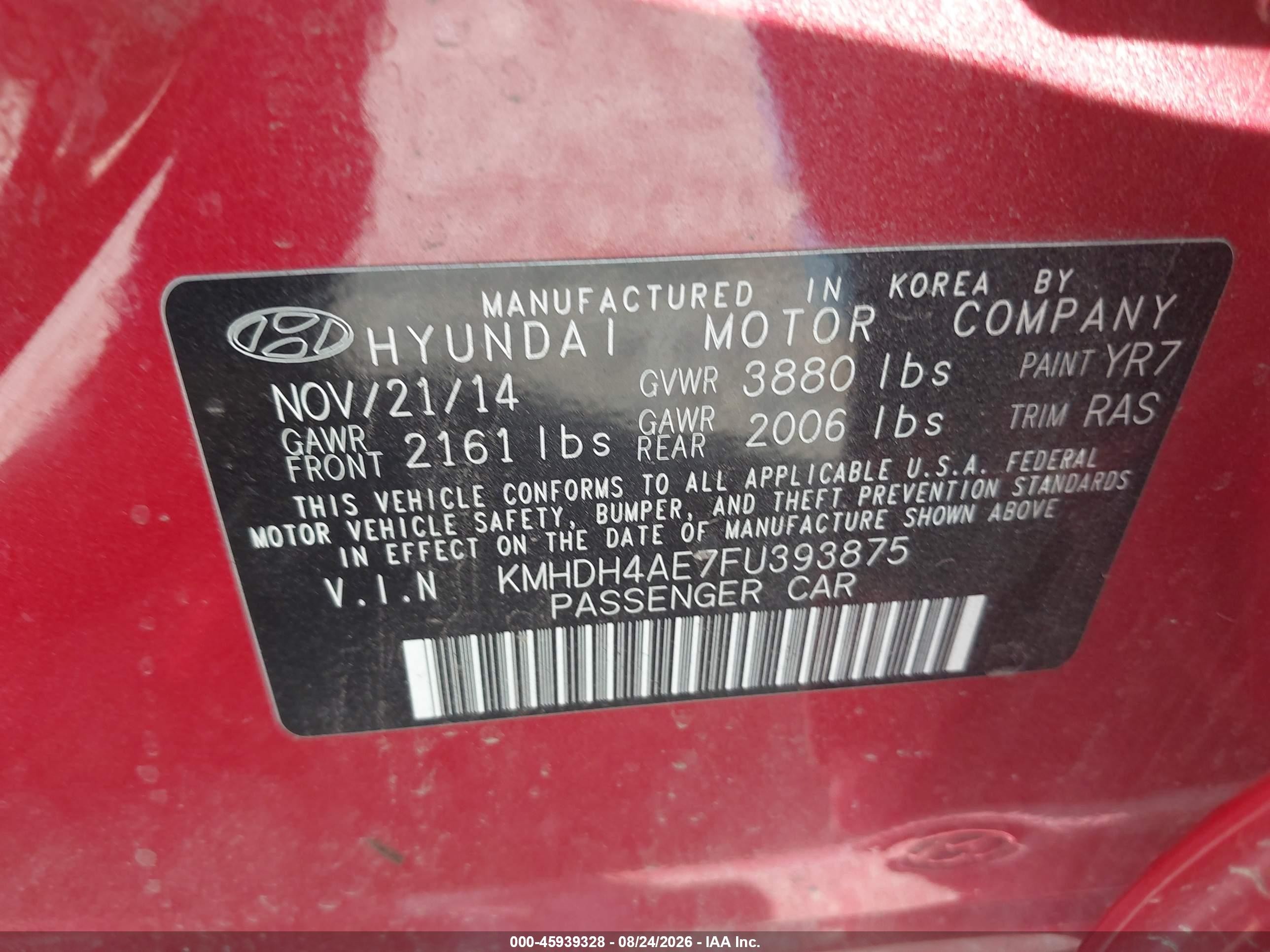 2015 Hyundai Elantra Se Red vin: KMHDH4AE7FU393875