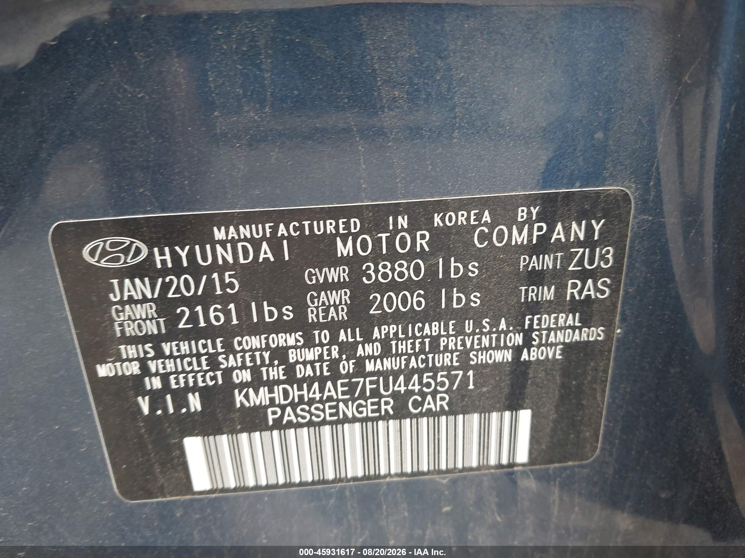 2015 Hyundai Elantra Se Blue vin: KMHDH4AE7FU445571