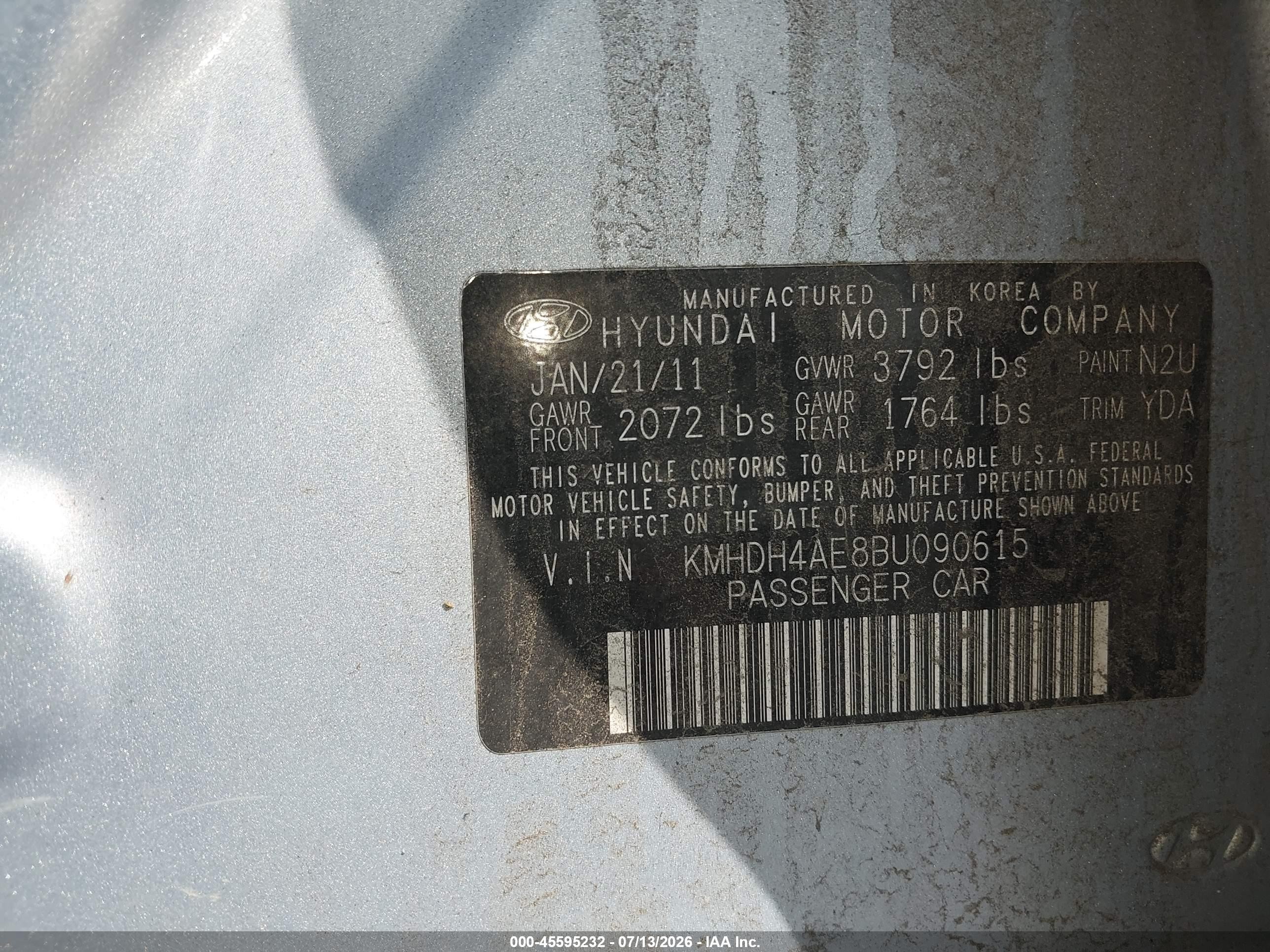 2011 Hyundai Elantra Gls (ulsan Plant) Blue vin: KMHDH4AE8BU090615