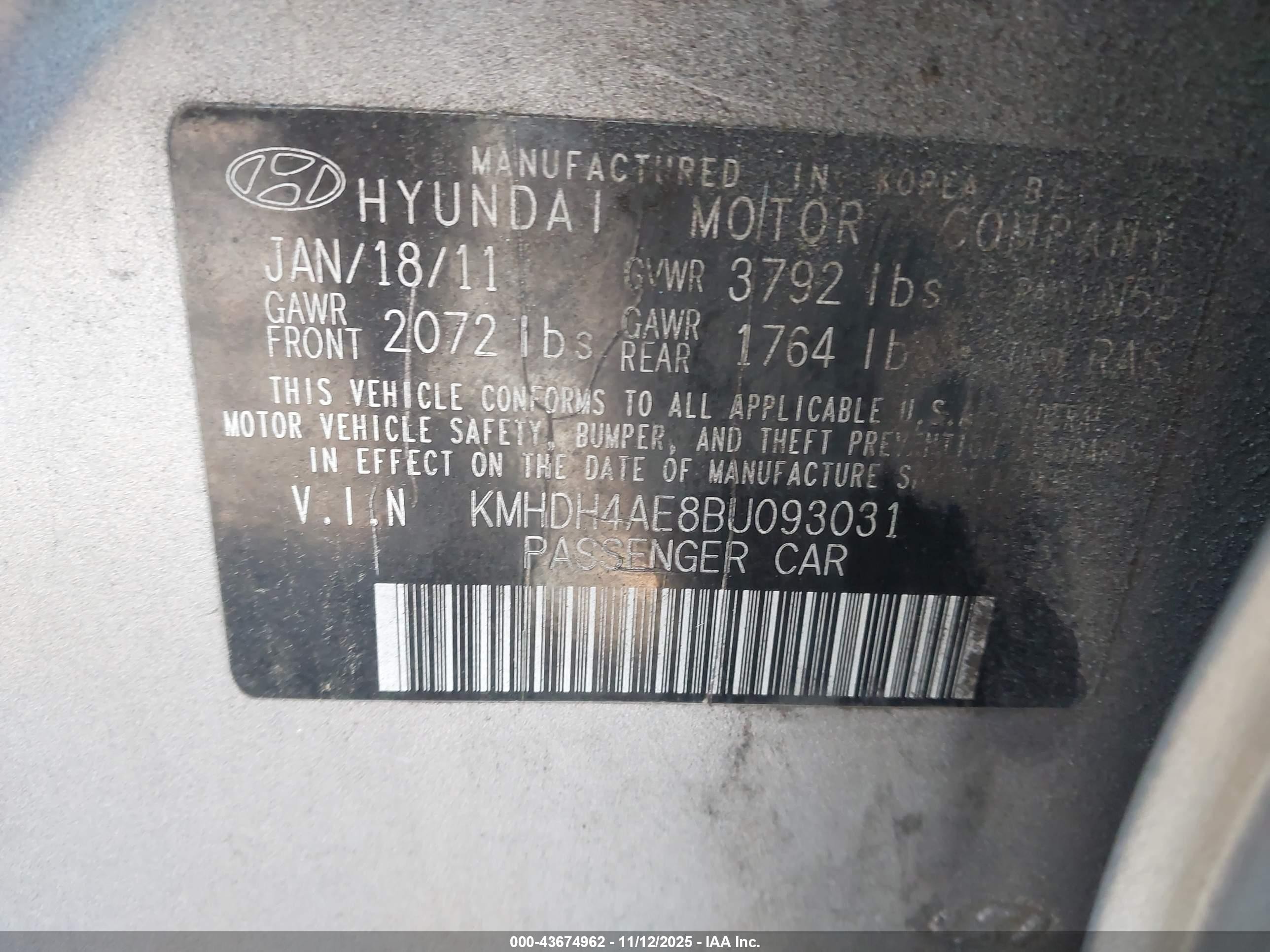 2011 Hyundai Elantra Gls (ulsan Plant) Gray vin: KMHDH4AE8BU093031