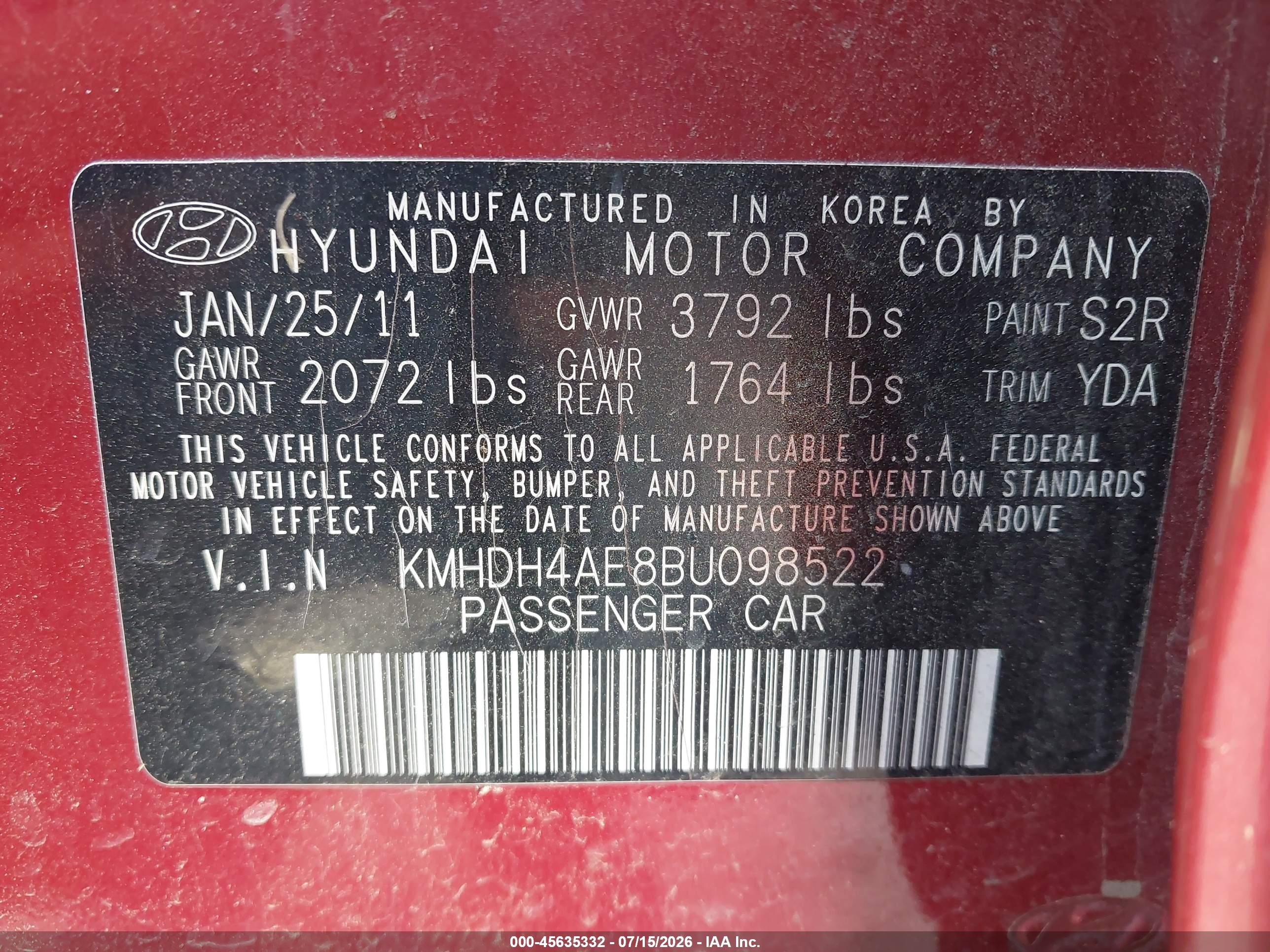 2011 Hyundai Elantra Gls (ulsan Plant) Maroon vin: KMHDH4AE8BU098522