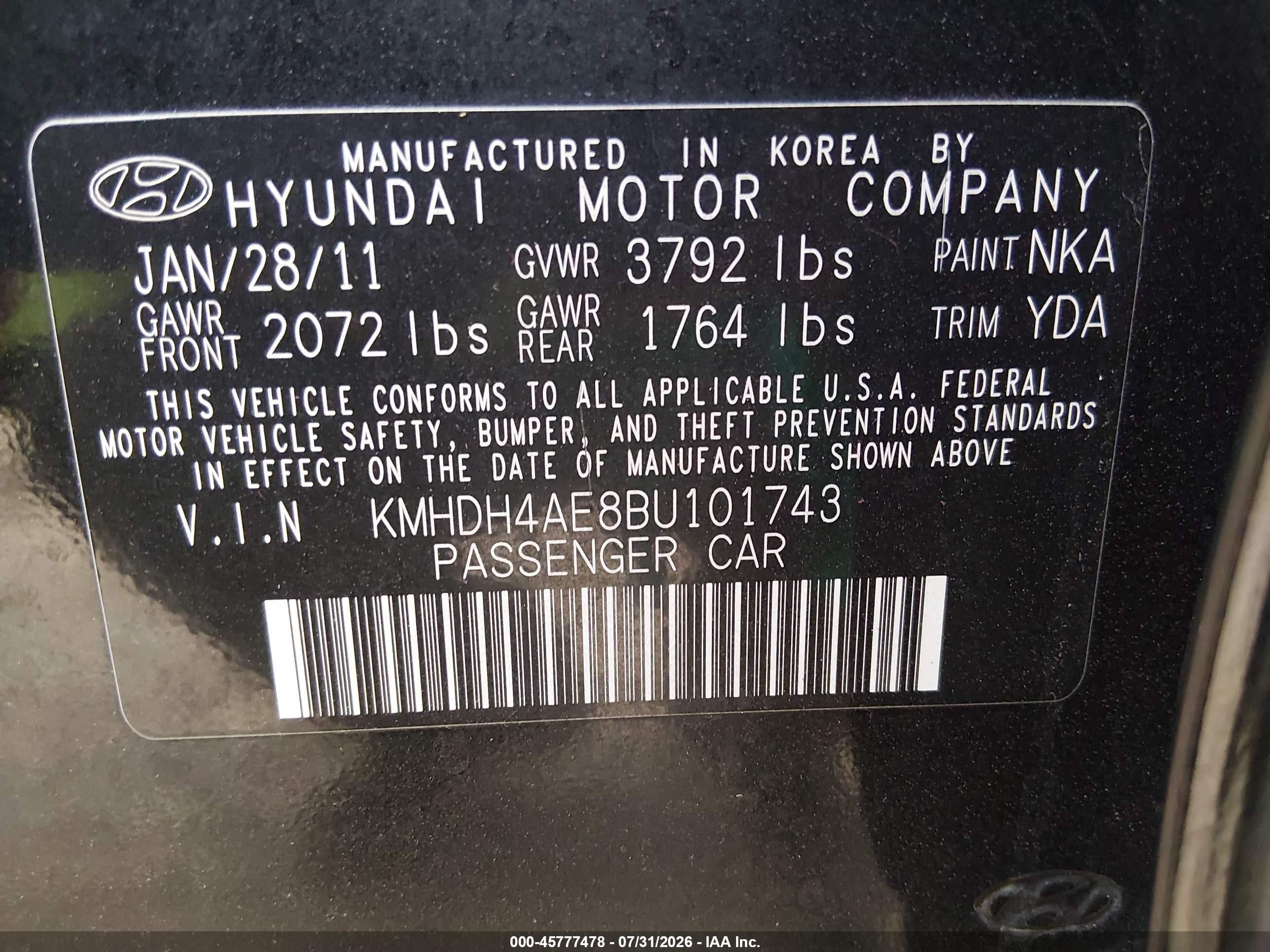 2011 Hyundai Elantra Gls (ulsan Plant) Black vin: KMHDH4AE8BU101743