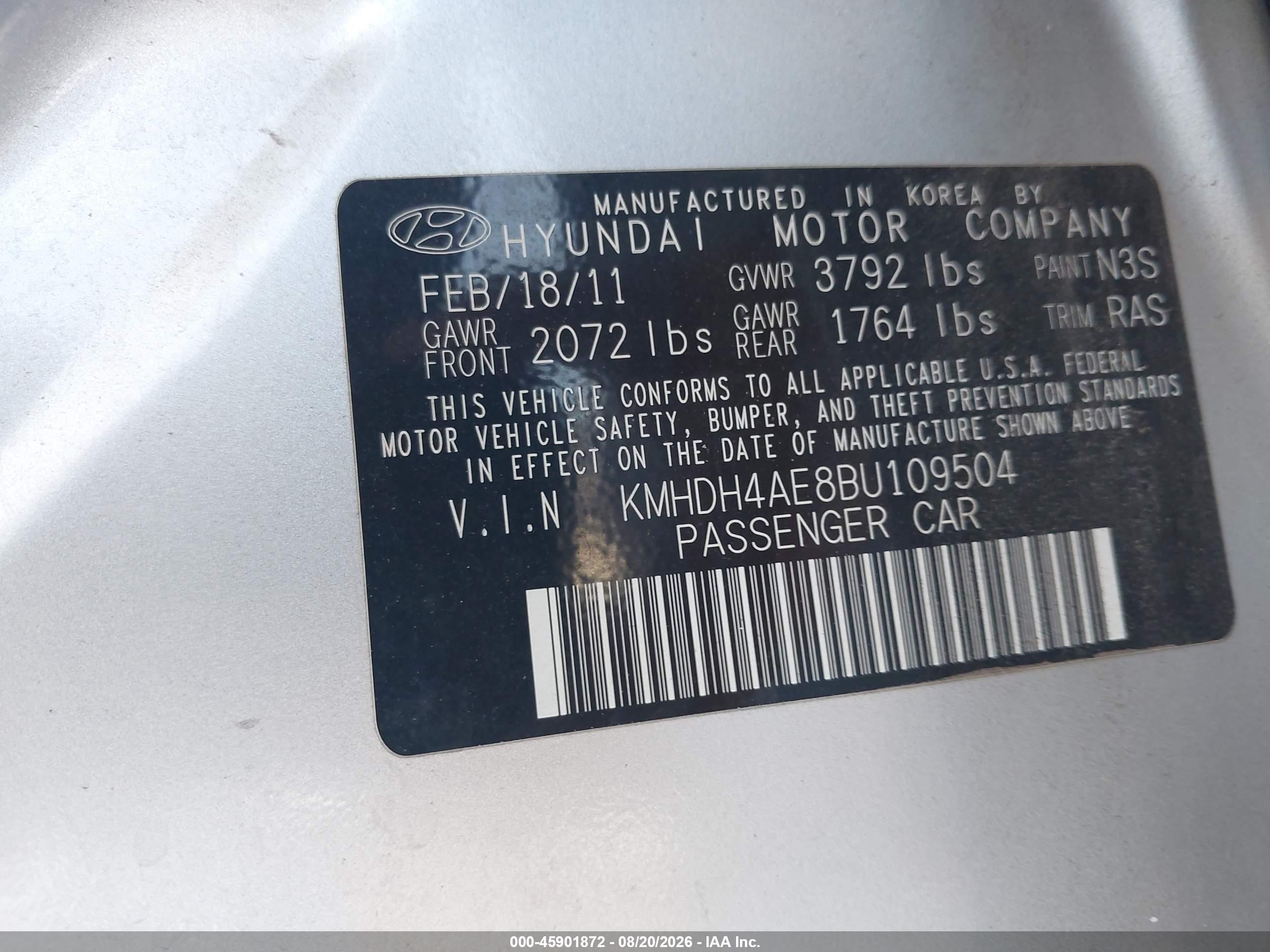 2011 Hyundai Elantra Gls (ulsan Plant) Silver vin: KMHDH4AE8BU109504