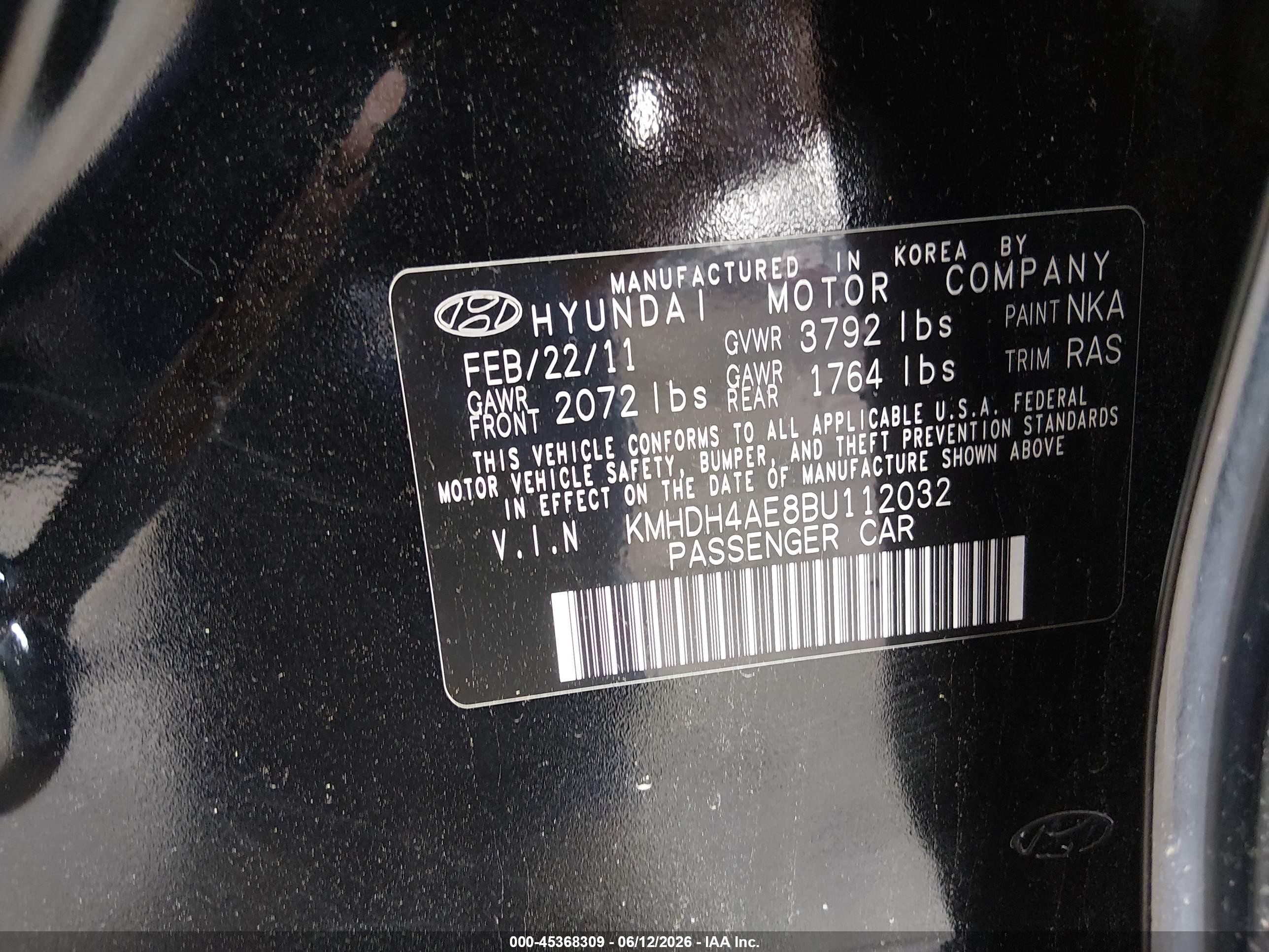 2011 Hyundai Elantra Gls (ulsan Plant) Black vin: KMHDH4AE8BU112032