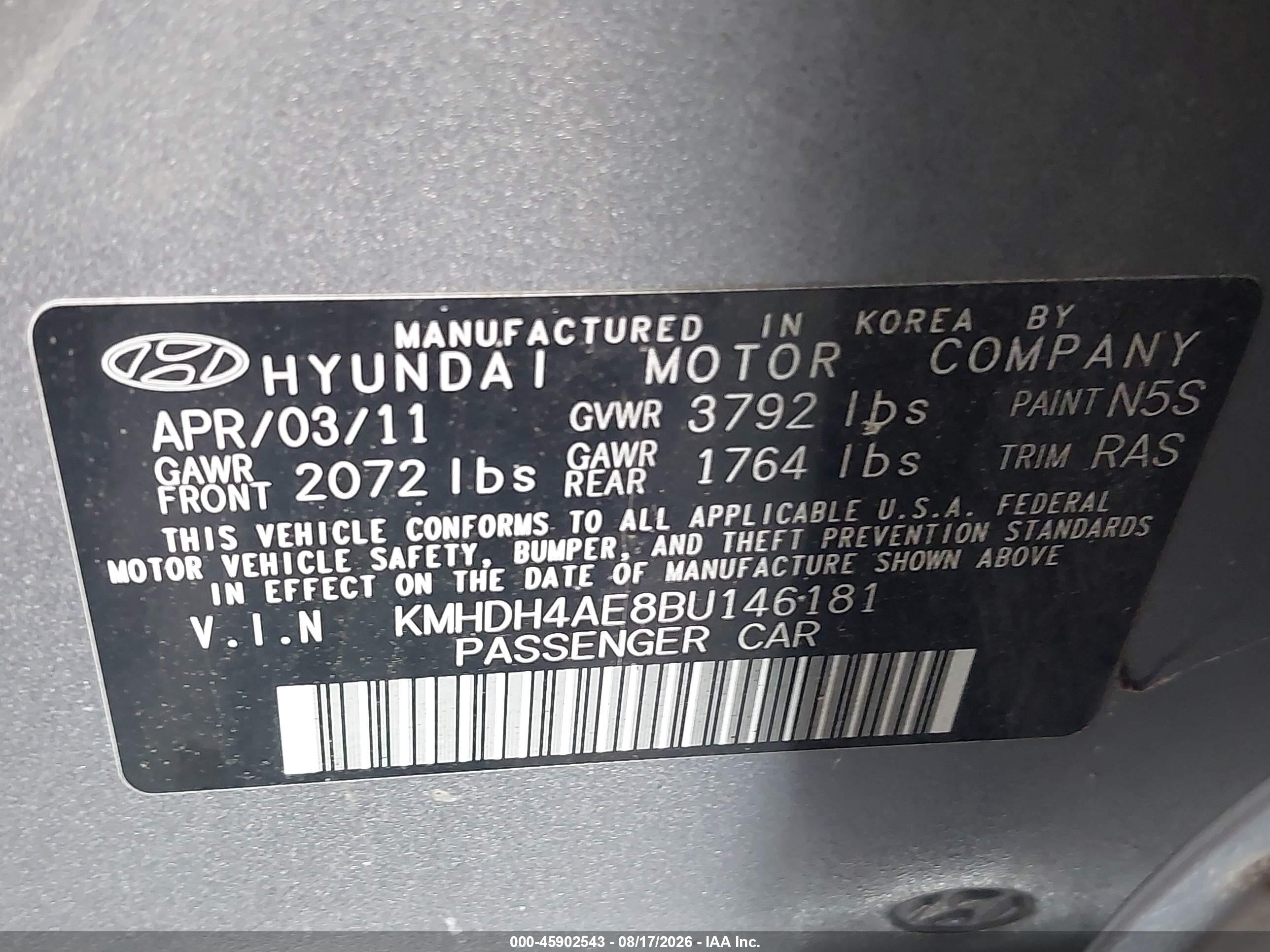 2011 Hyundai Elantra Gls (ulsan Plant) Gray vin: KMHDH4AE8BU146181