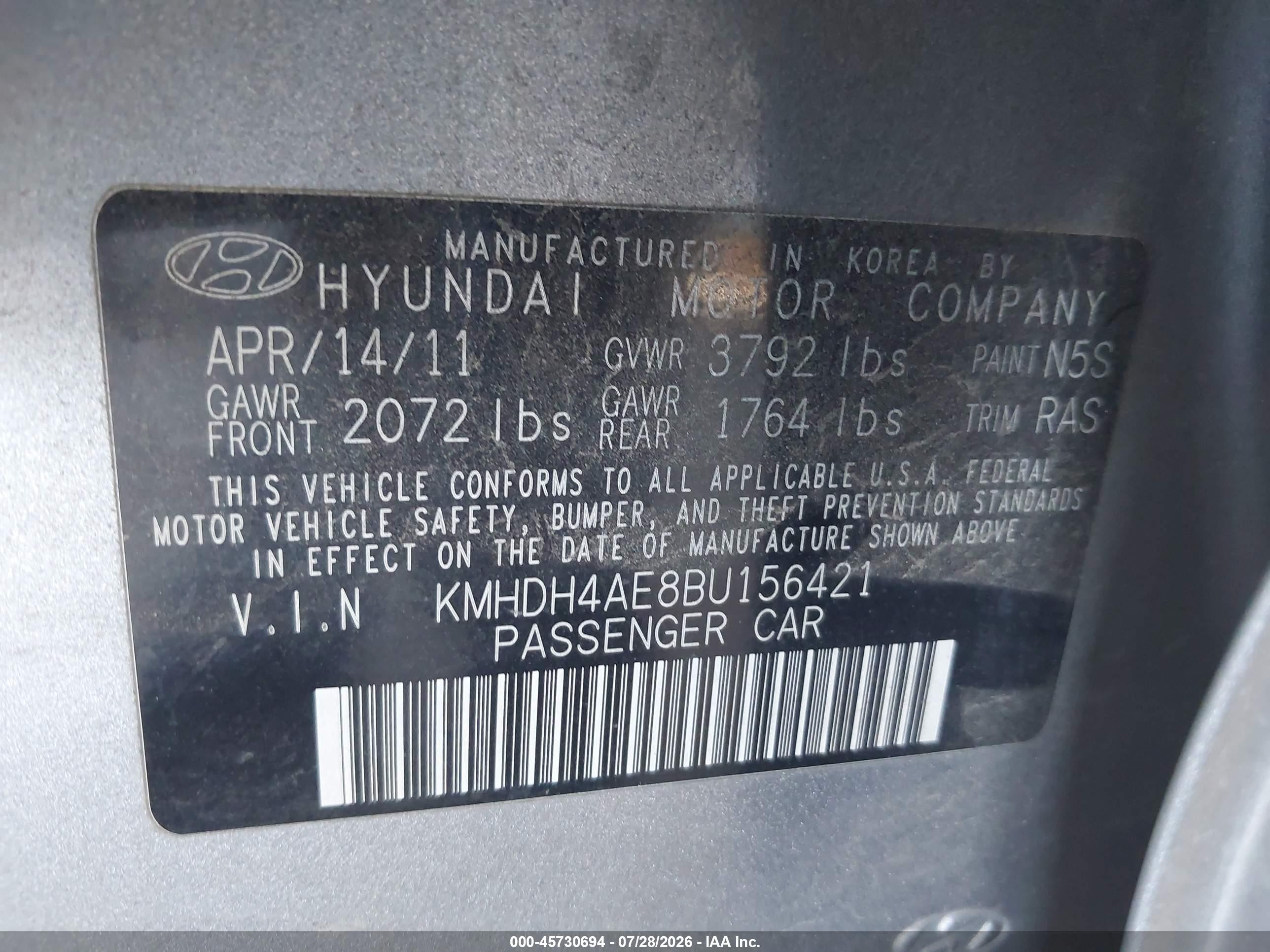 2011 Hyundai Elantra Gls (ulsan Plant) Silver vin: KMHDH4AE8BU156421