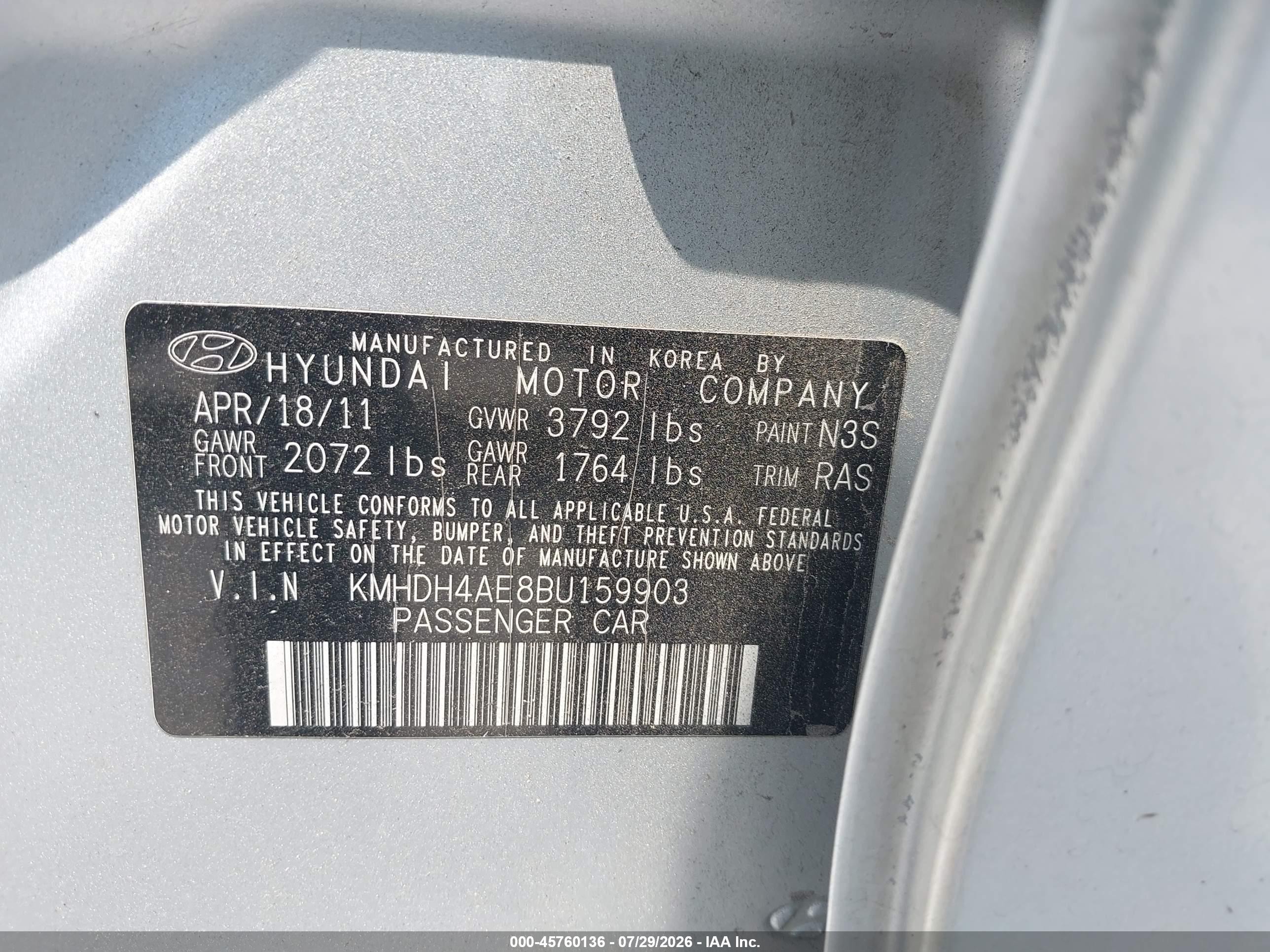 2011 Hyundai Elantra Gls (ulsan Plant) Silver vin: KMHDH4AE8BU159903