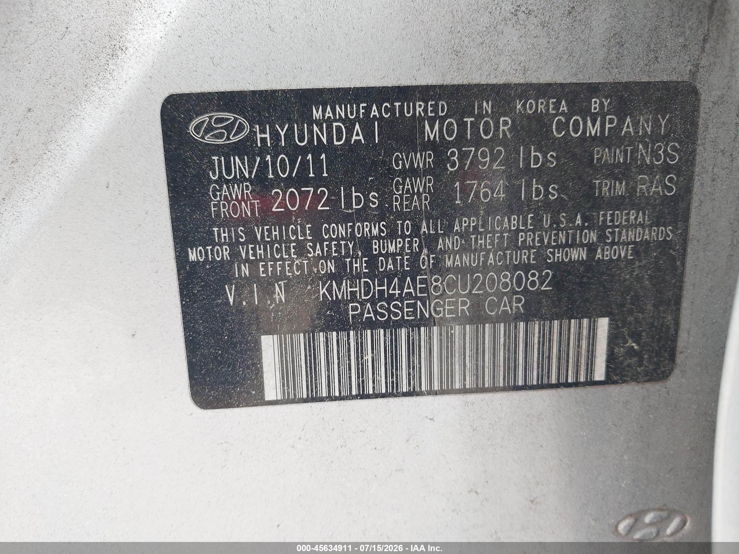 2012 Hyundai Elantra Gls (ulsan Plant) Silver vin: KMHDH4AE8CU208082