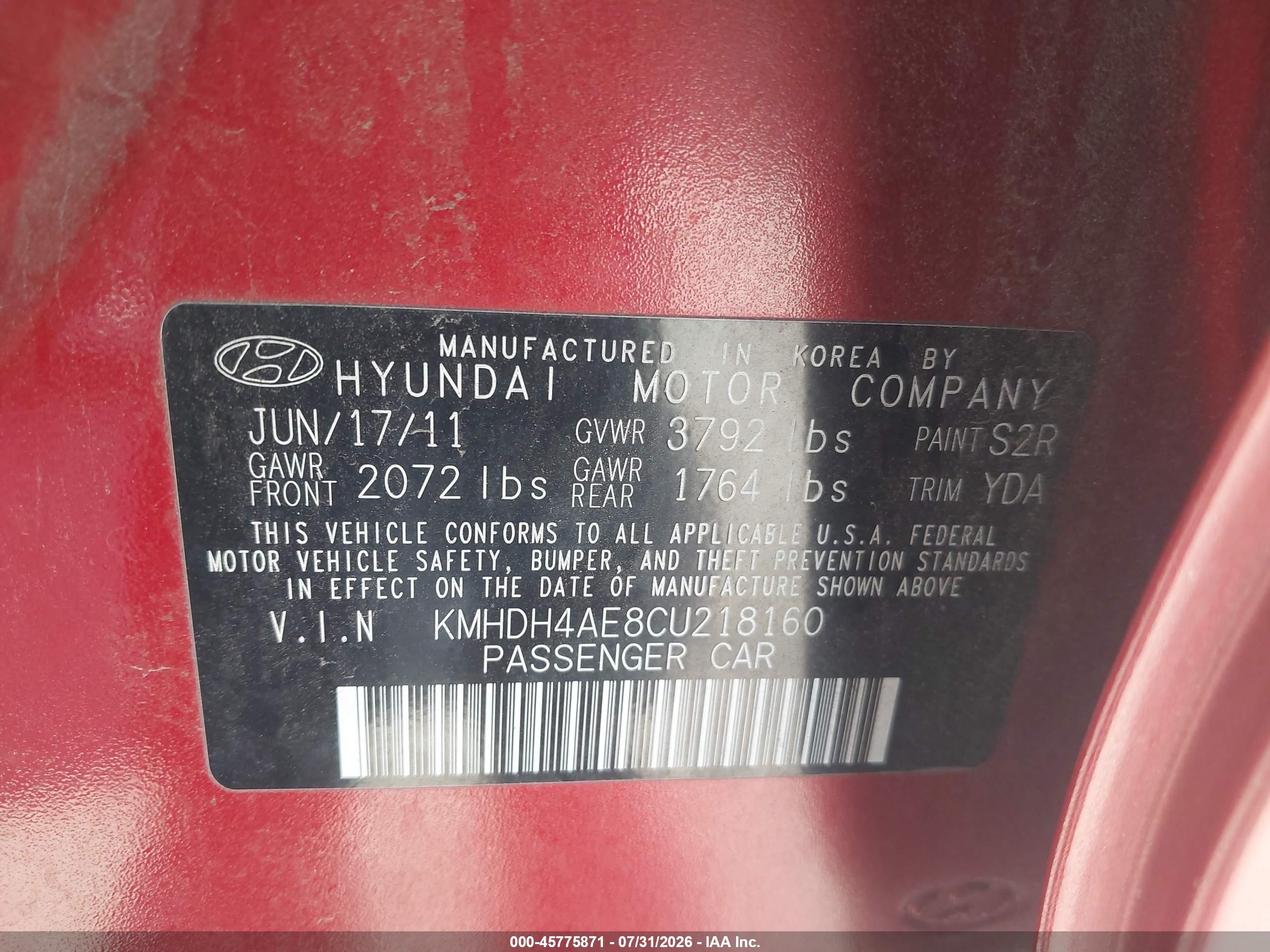 2012 Hyundai Elantra Gls (ulsan Plant) Red vin: KMHDH4AE8CU218160