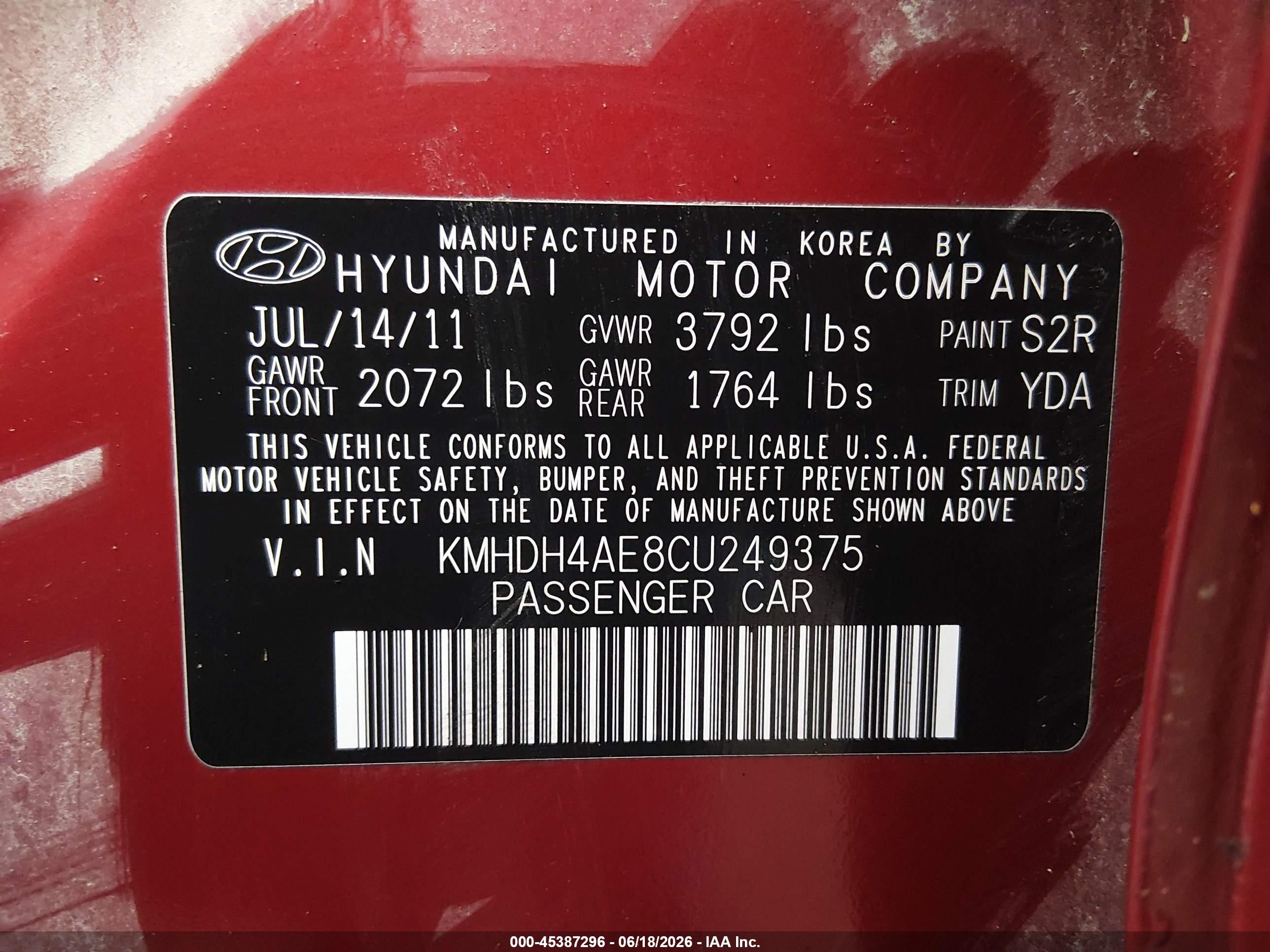 2012 Hyundai Elantra Limited (ulsan Plant) Red vin: KMHDH4AE8CU249375