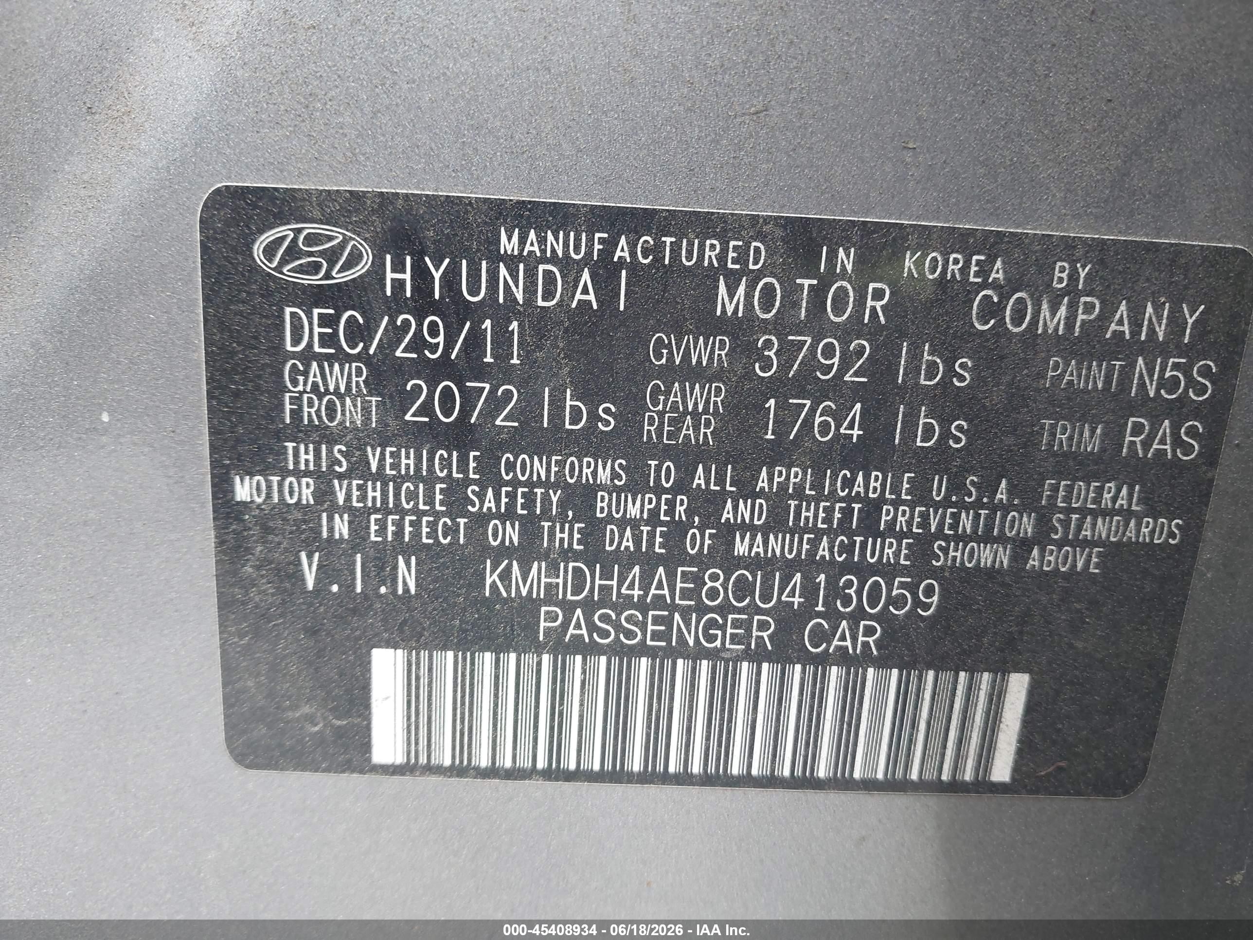 2012 Hyundai Elantra Gls (ulsan Plant) Gray vin: KMHDH4AE8CU413059