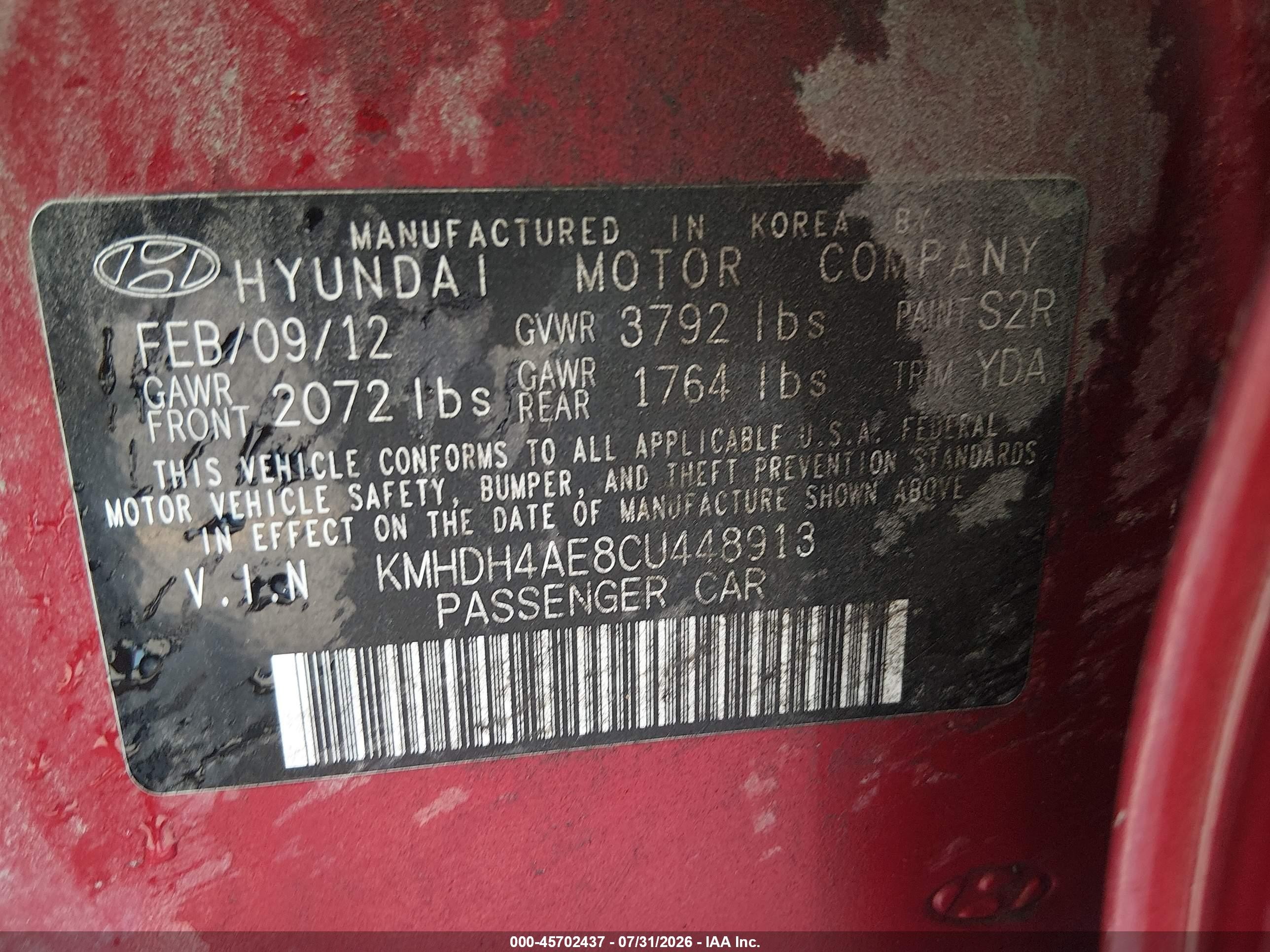 2012 Hyundai Elantra Gls (ulsan Plant) Red vin: KMHDH4AE8CU448913