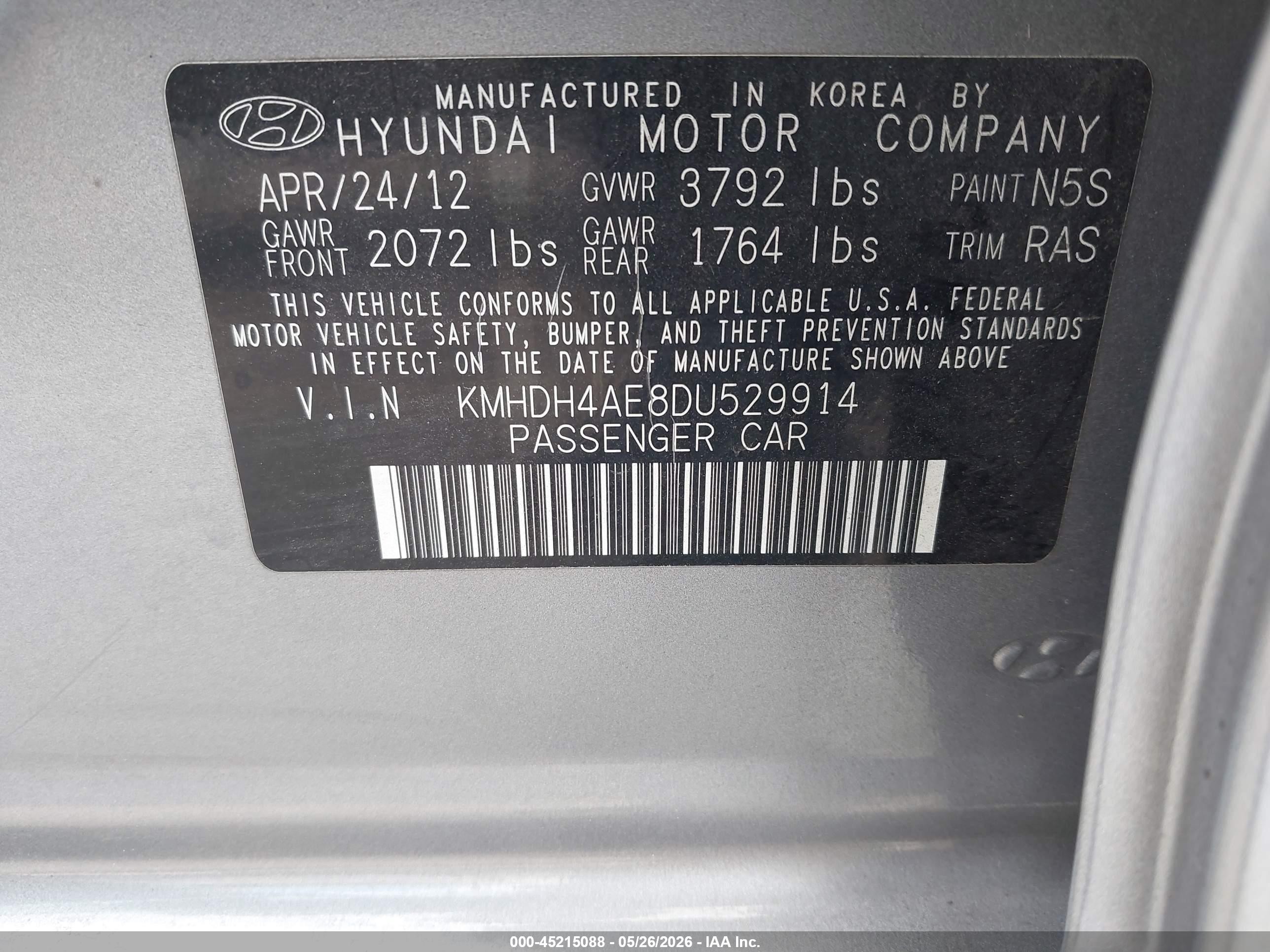 2013 Hyundai Elantra Gls Gold vin: KMHDH4AE8DU529914