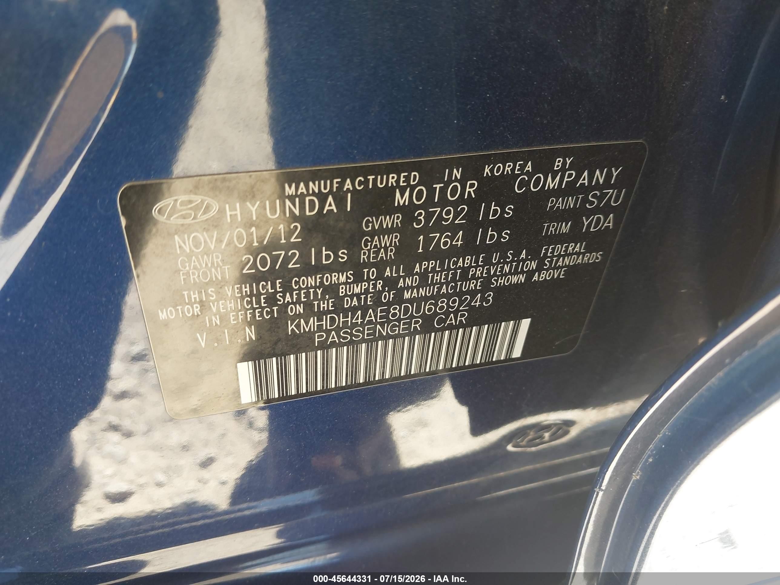 2013 Hyundai Elantra Limited Dark Blue vin: KMHDH4AE8DU689243