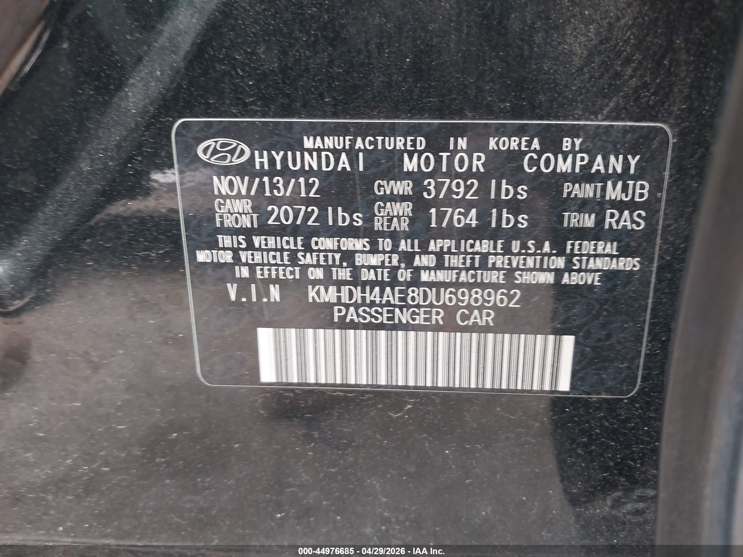 2013 Hyundai Elantra Gls Black vin: KMHDH4AE8DU698962