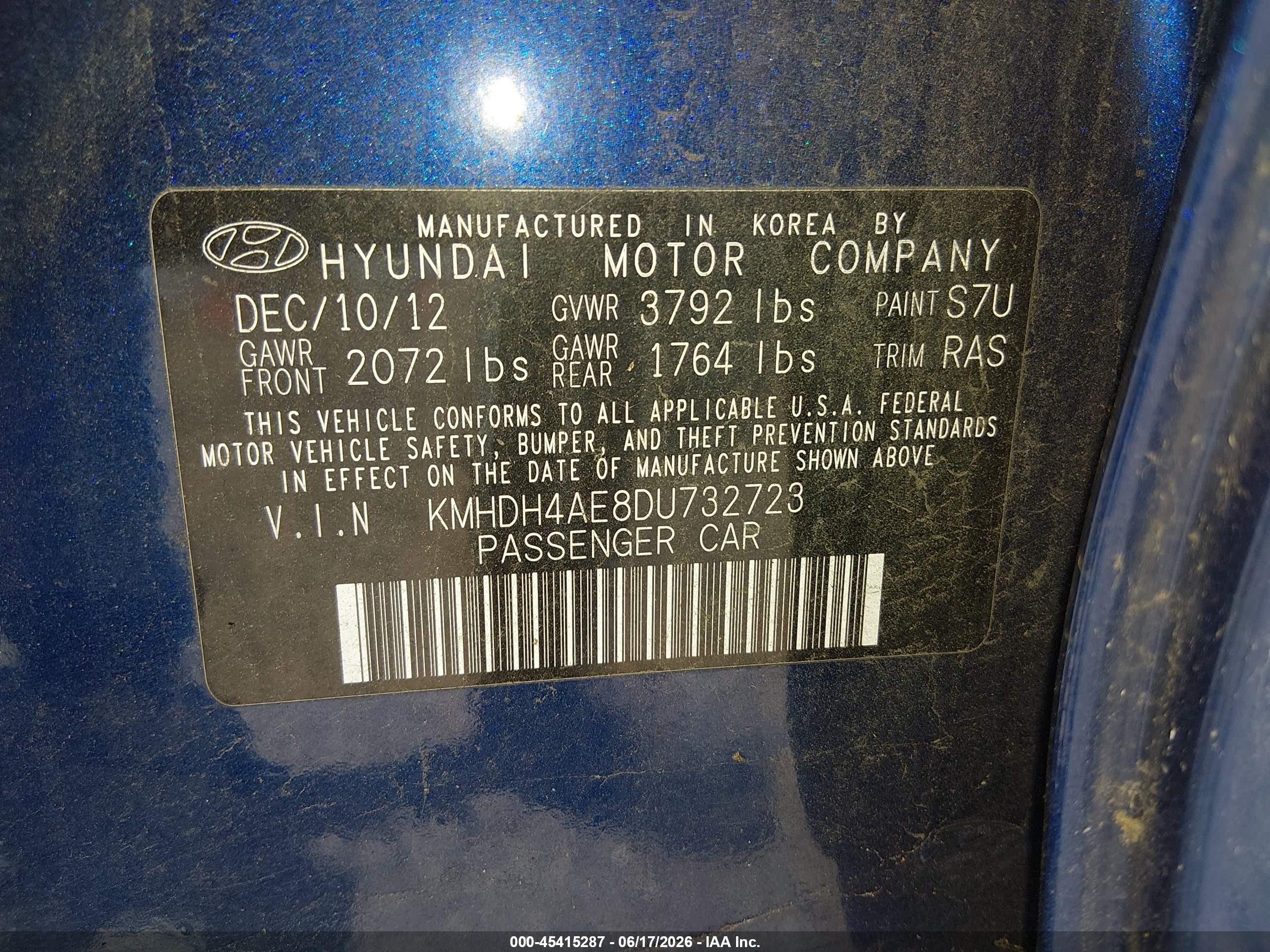 2013 Hyundai Elantra Gls Blue vin: KMHDH4AE8DU732723