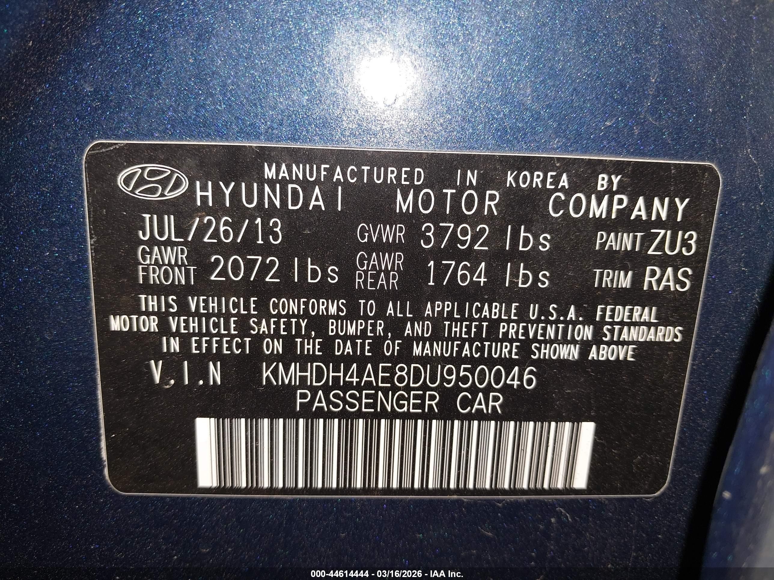 2013 Hyundai Elantra Limited Dark Blue vin: KMHDH4AE8DU950046