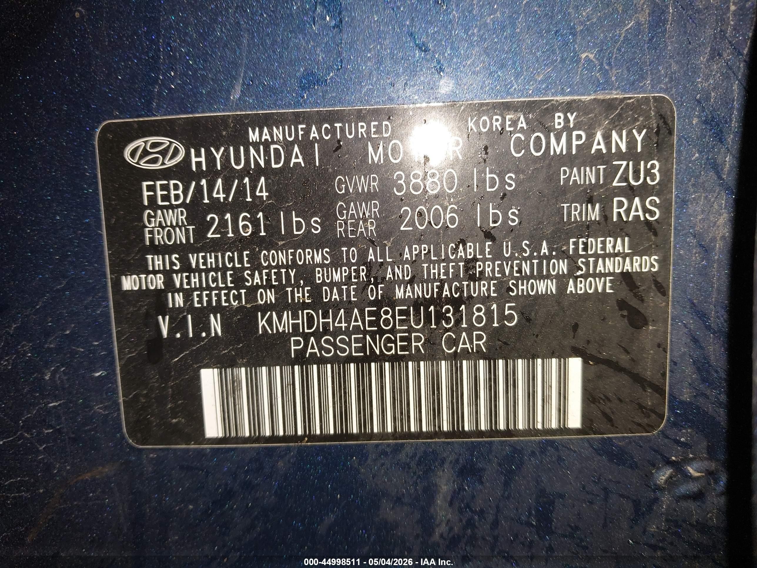 2014 Hyundai Elantra Se Blue vin: KMHDH4AE8EU131815
