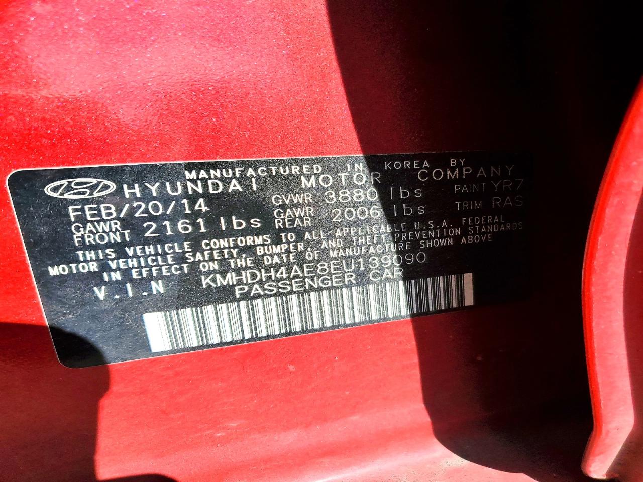 2014 Hyundai Elantra Se Red vin: KMHDH4AE8EU139090