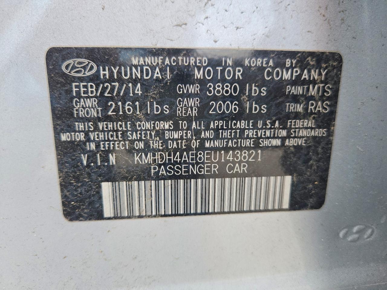 2014 Hyundai Elantra Se Silver vin: KMHDH4AE8EU143821