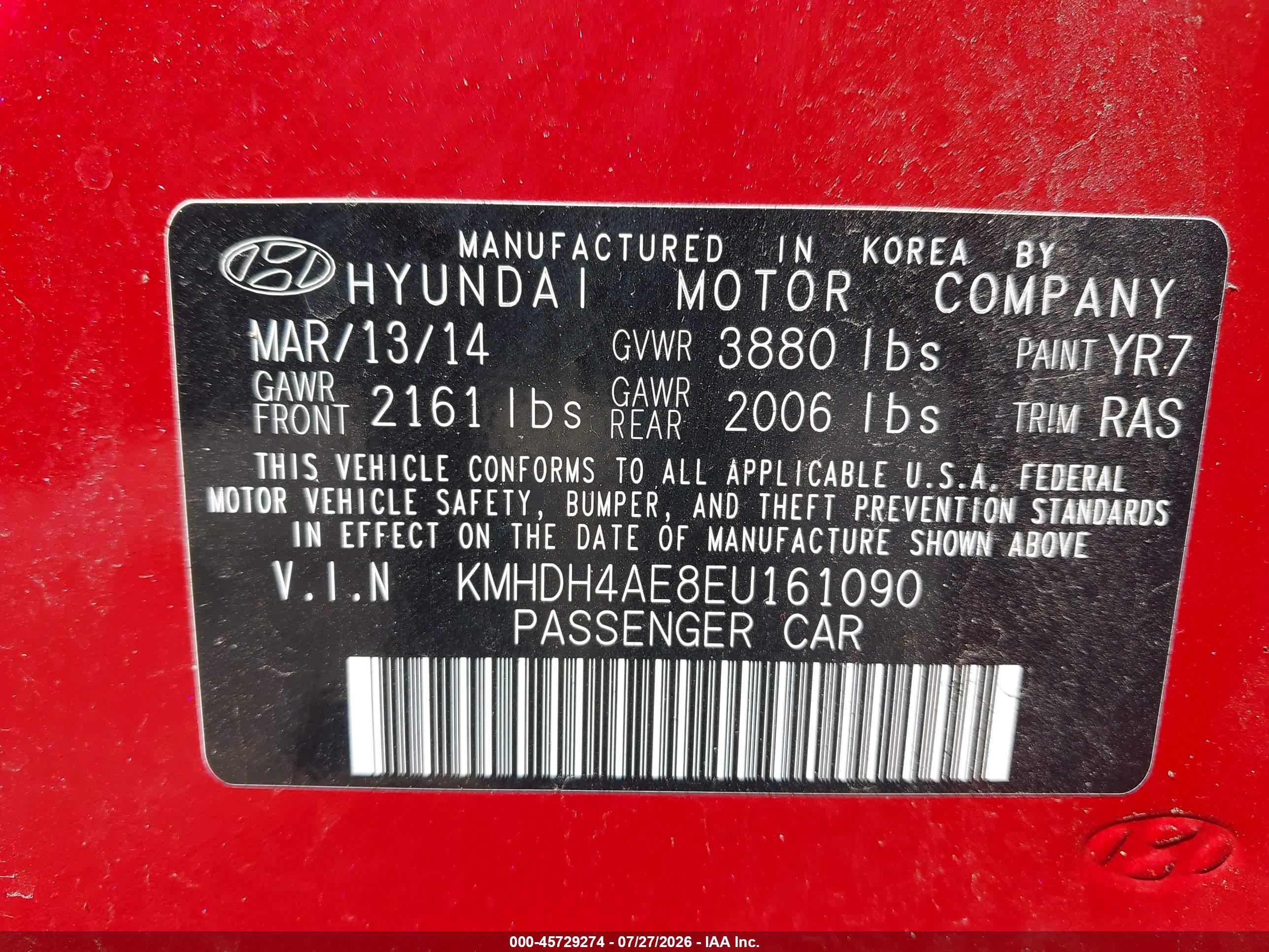 2014 Hyundai Elantra Se Red vin: KMHDH4AE8EU161090