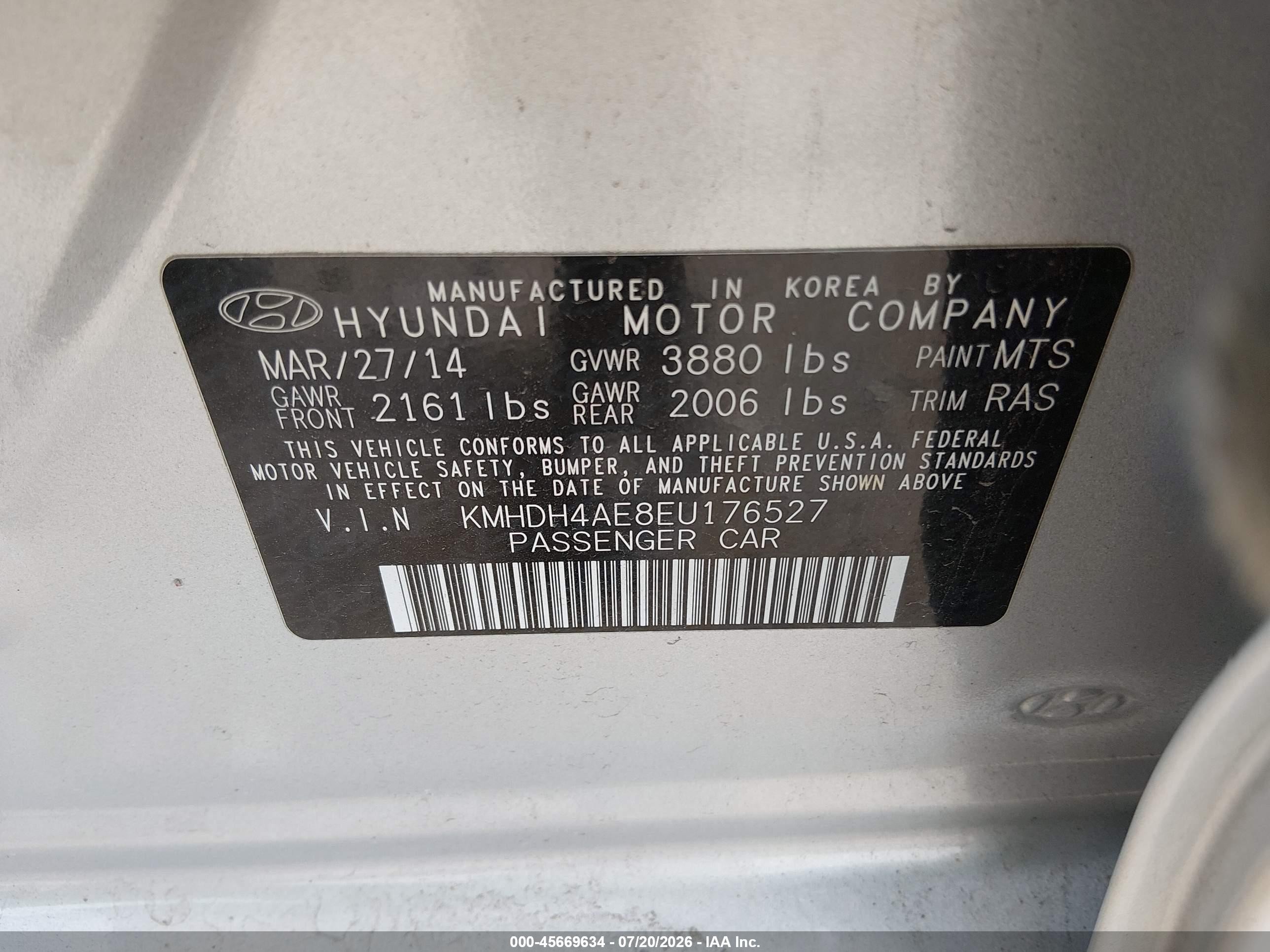 2014 Hyundai Elantra Se Silver vin: KMHDH4AE8EU176527