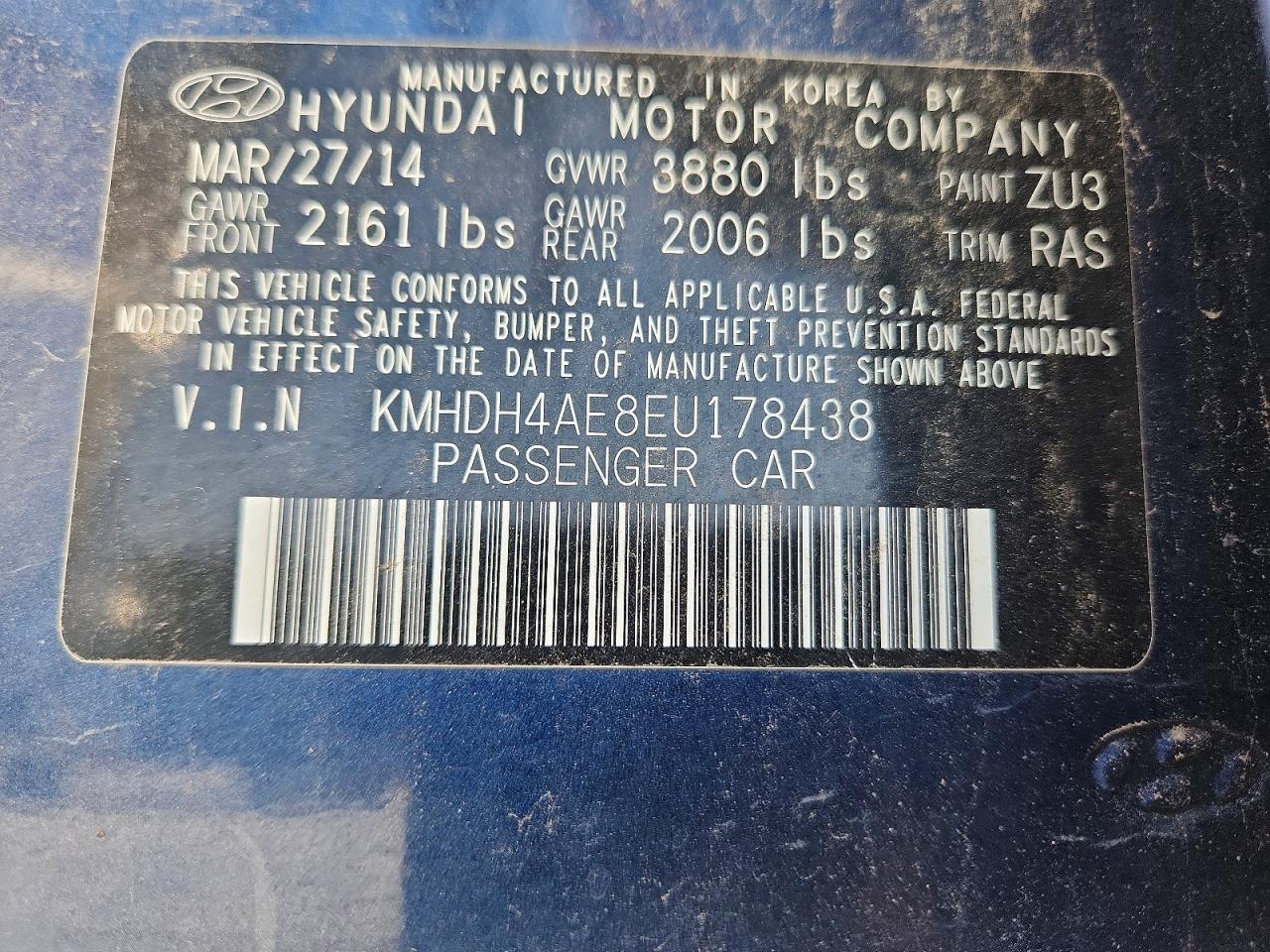 2014 Hyundai Elantra Se Blue vin: KMHDH4AE8EU178438