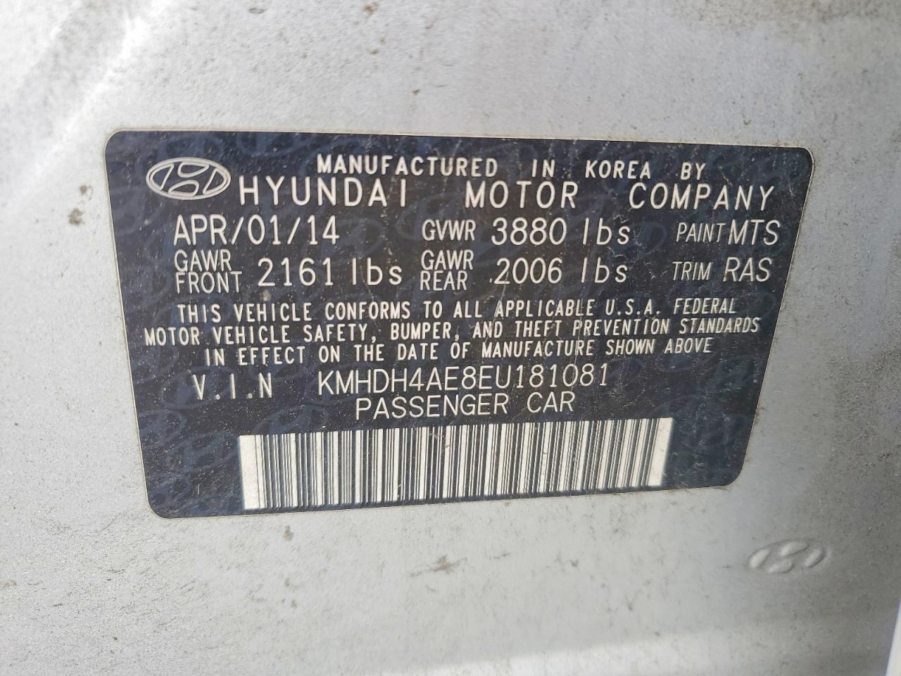2014 Hyundai Elantra Se Silver vin: KMHDH4AE8EU181081