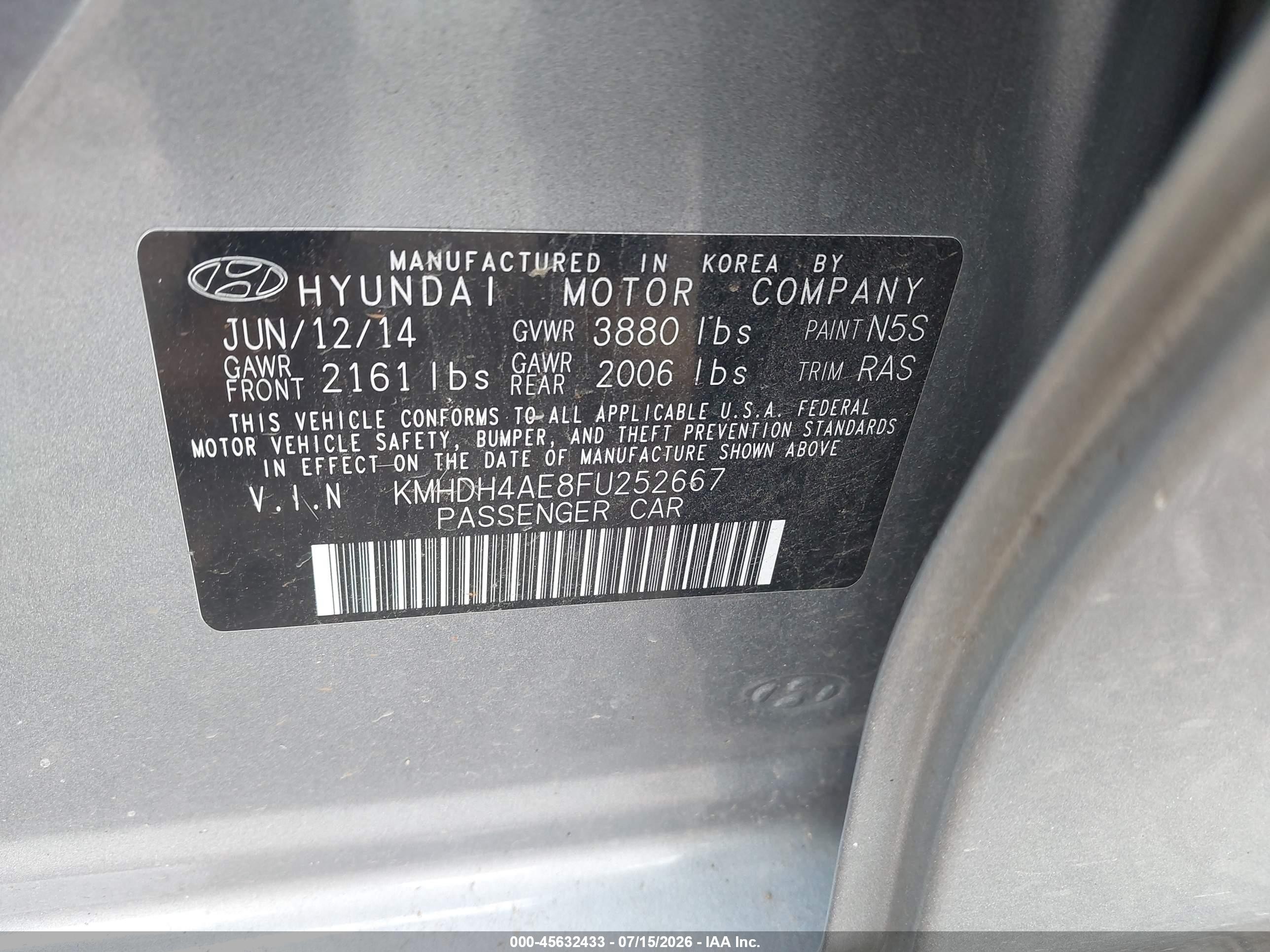 2015 Hyundai Elantra Se Gray vin: KMHDH4AE8FU252667