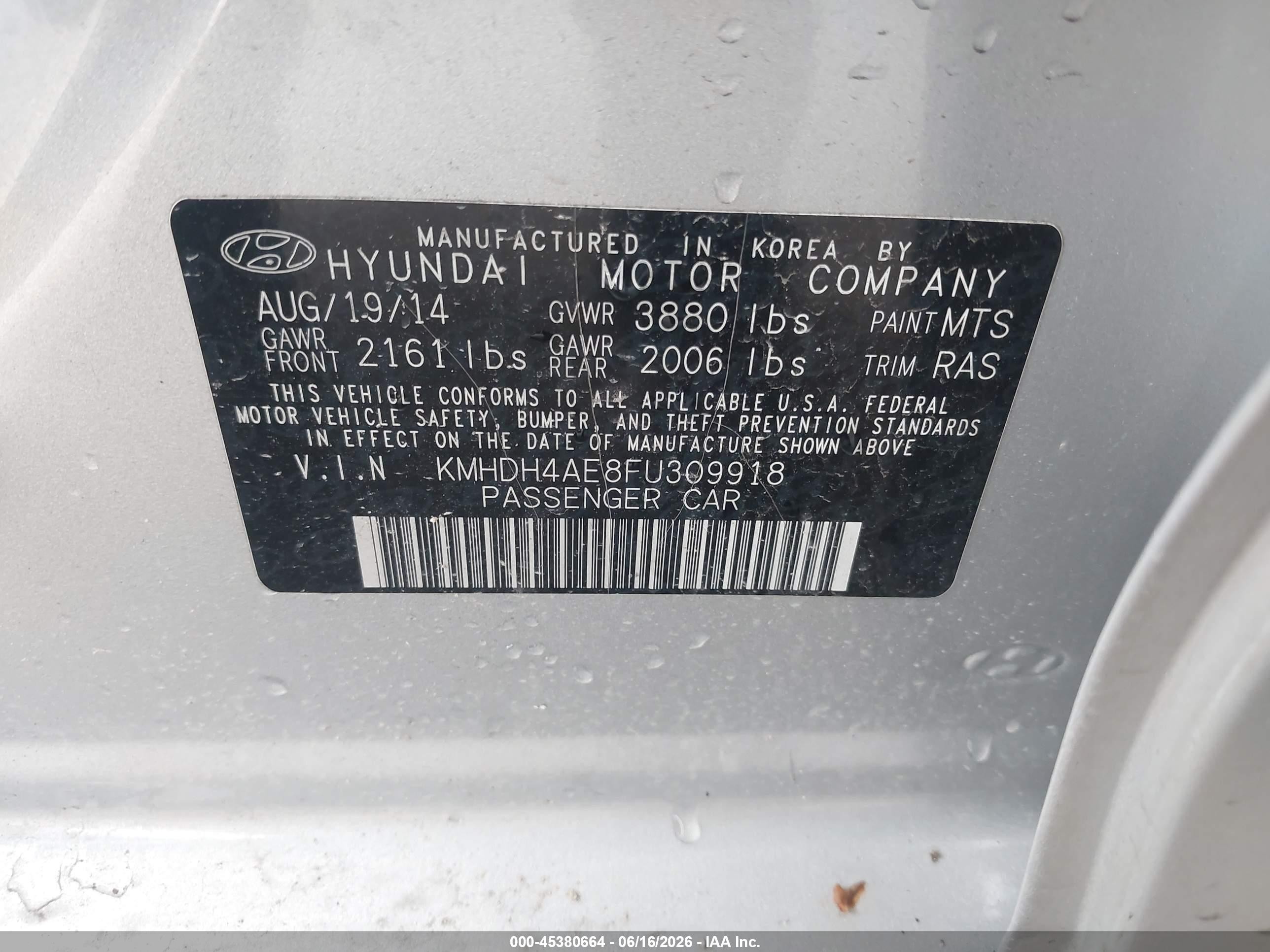 2015 Hyundai Elantra Se Silver vin: KMHDH4AE8FU309918
