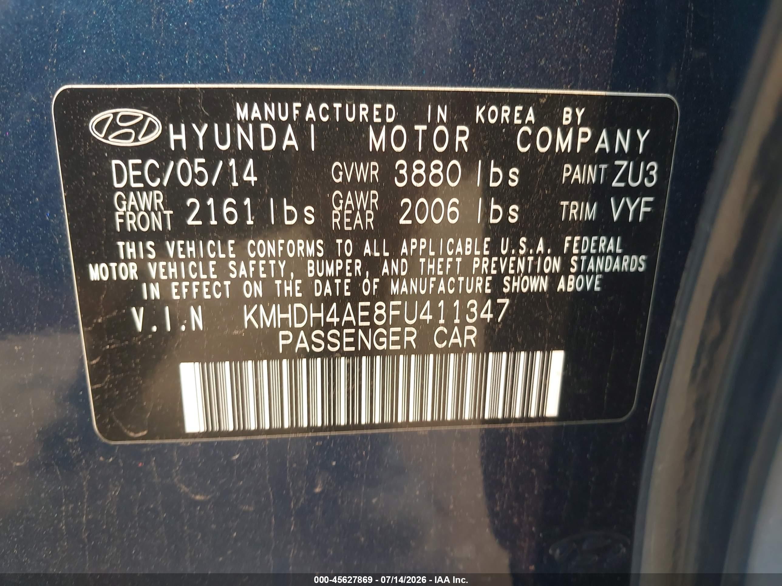 2015 Hyundai Elantra Se Dark Blue vin: KMHDH4AE8FU411347