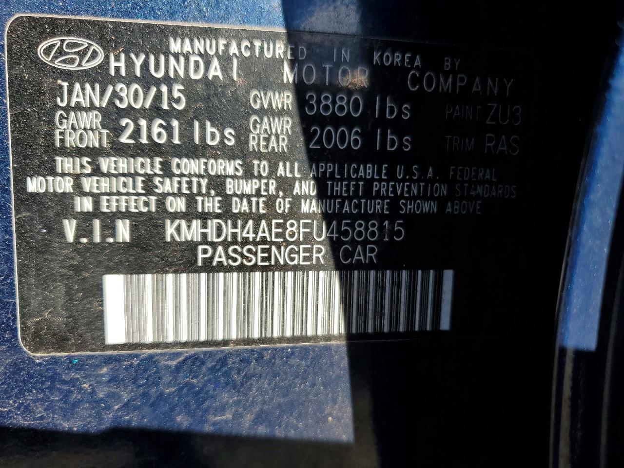 2015 Hyundai Elantra Se Blue vin: KMHDH4AE8FU458815