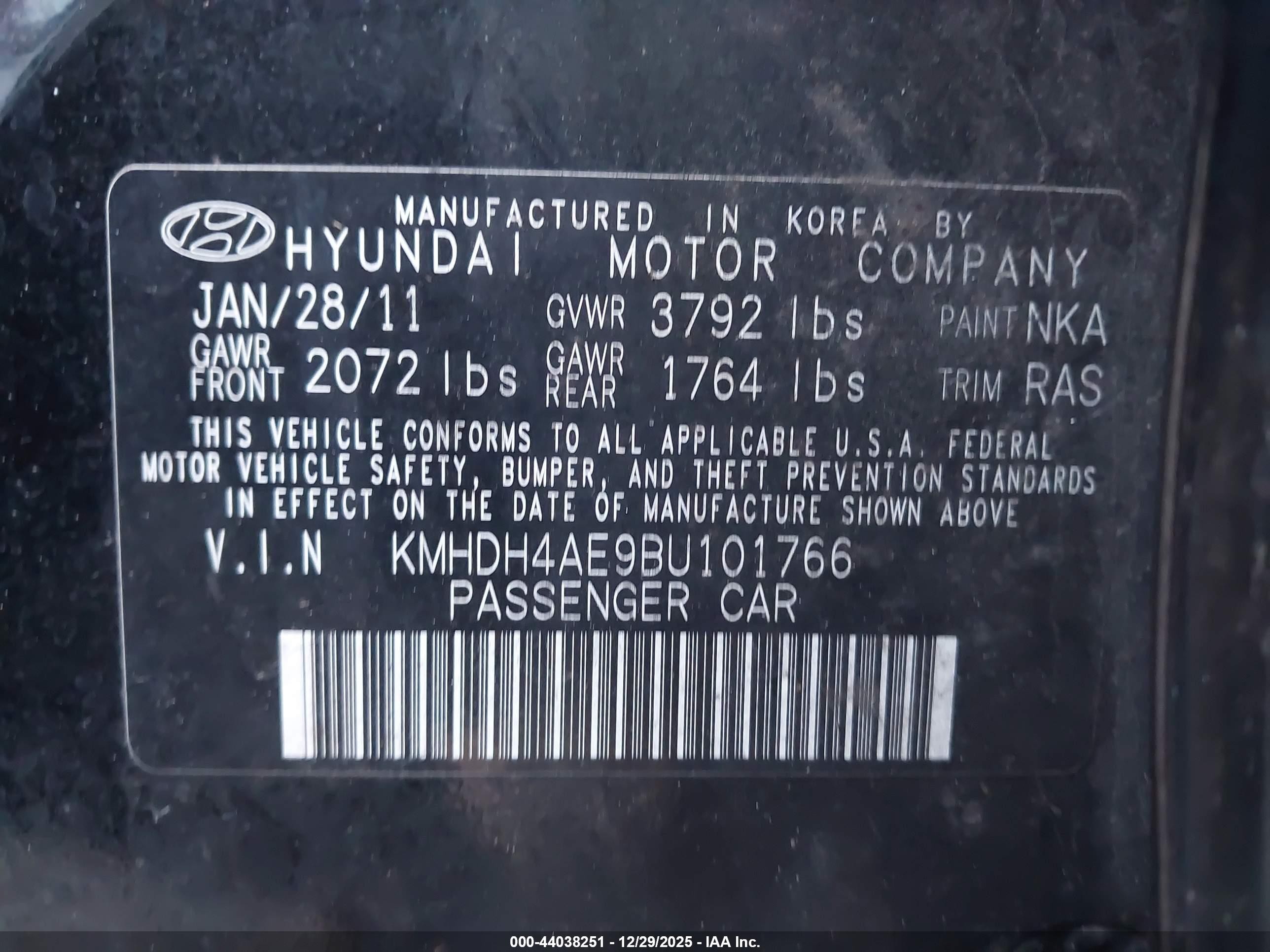 2011 Hyundai Elantra Limited (ulsan Plant) Black vin: KMHDH4AE9BU101766