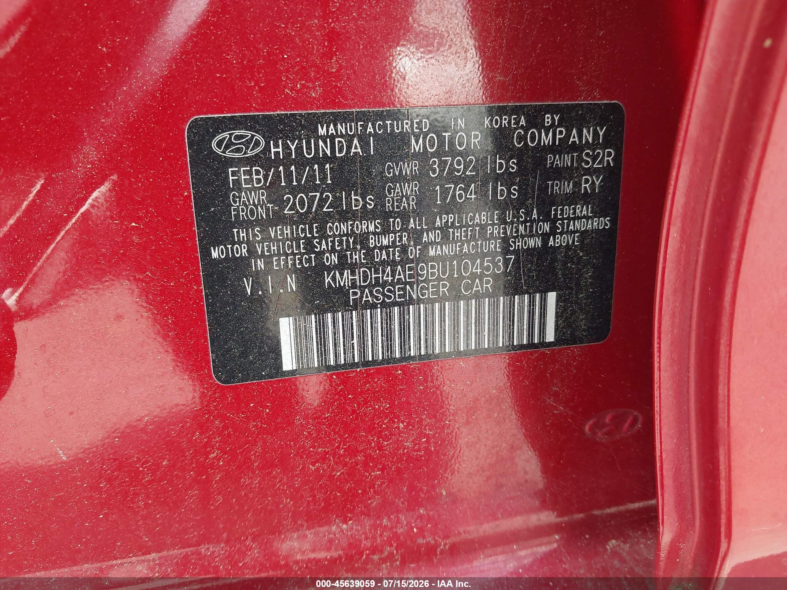 2011 Hyundai Elantra Limited (ulsan Plant) Red vin: KMHDH4AE9BU104537