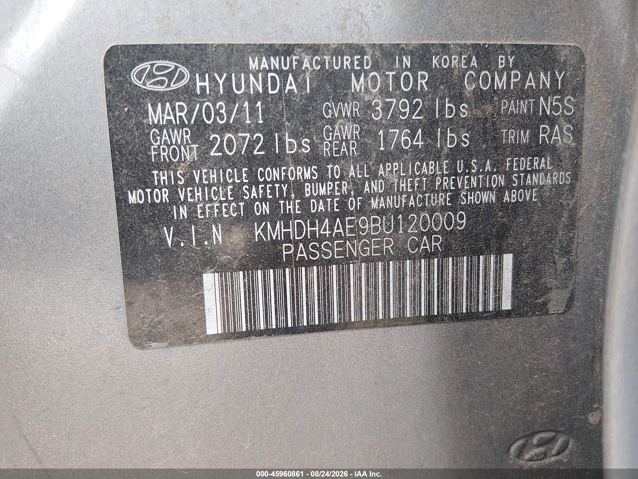 2011 Hyundai Elantra Limited (ulsan Plant) Gray vin: KMHDH4AE9BU120009