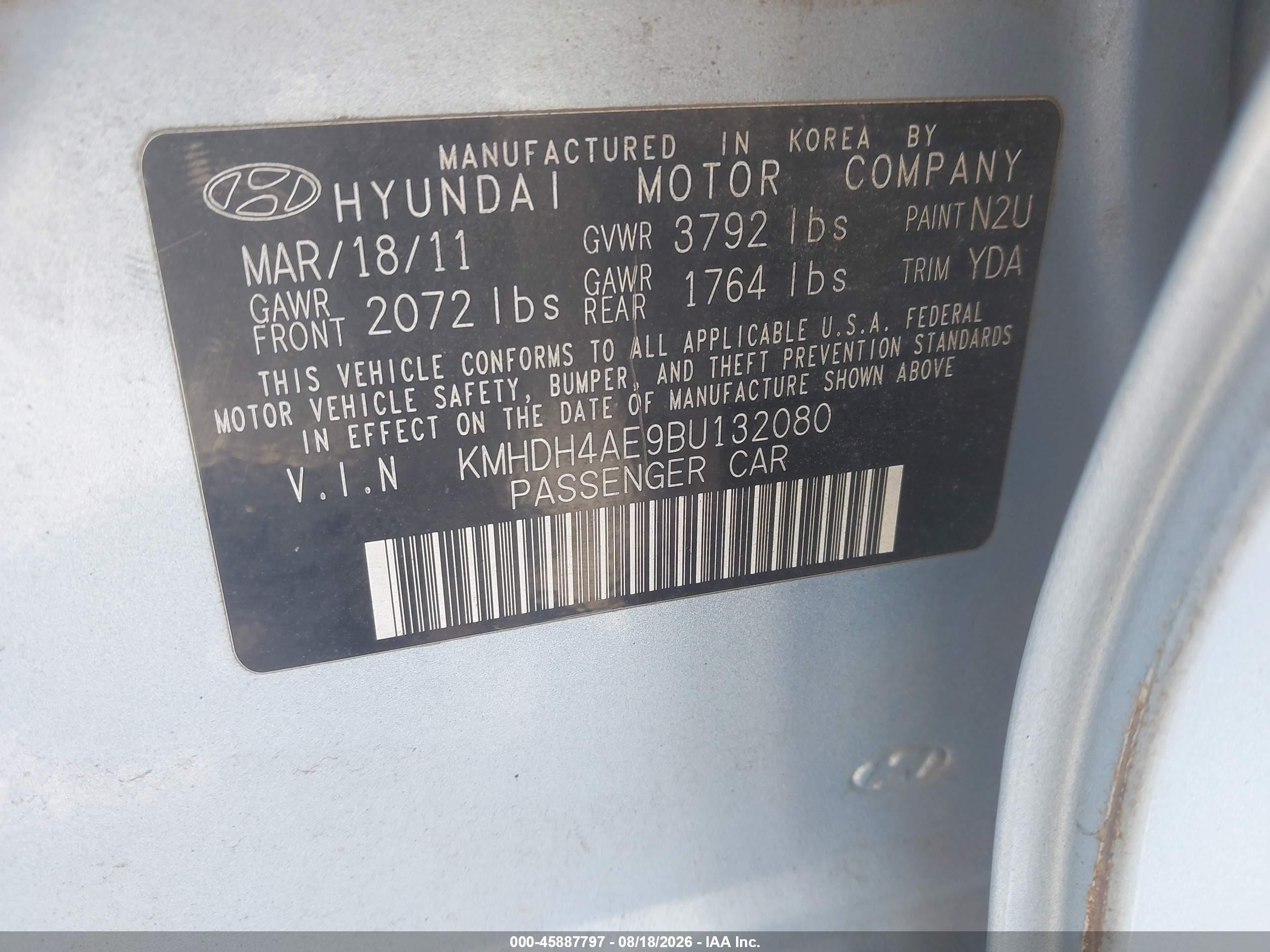 2011 Hyundai Elantra Gls (ulsan Plant) Blue vin: KMHDH4AE9BU132080