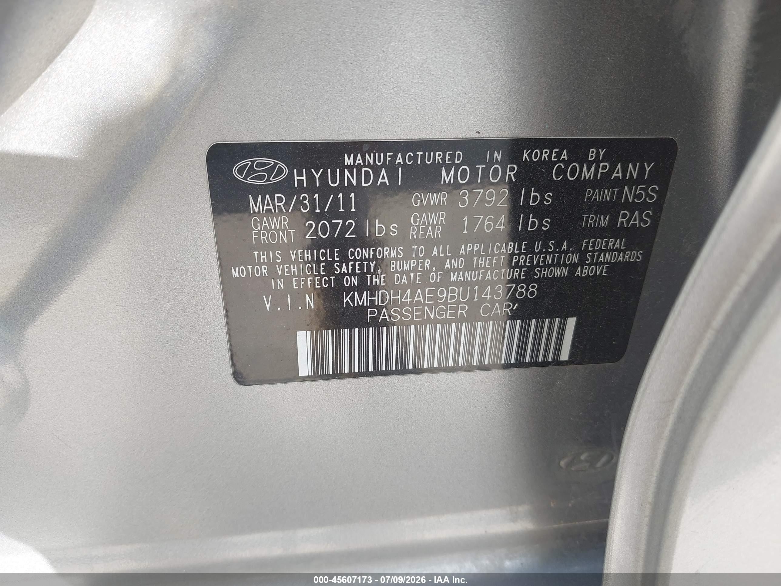 2011 Hyundai Elantra Gls (ulsan Plant) Серебряный vin: KMHDH4AE9BU143788