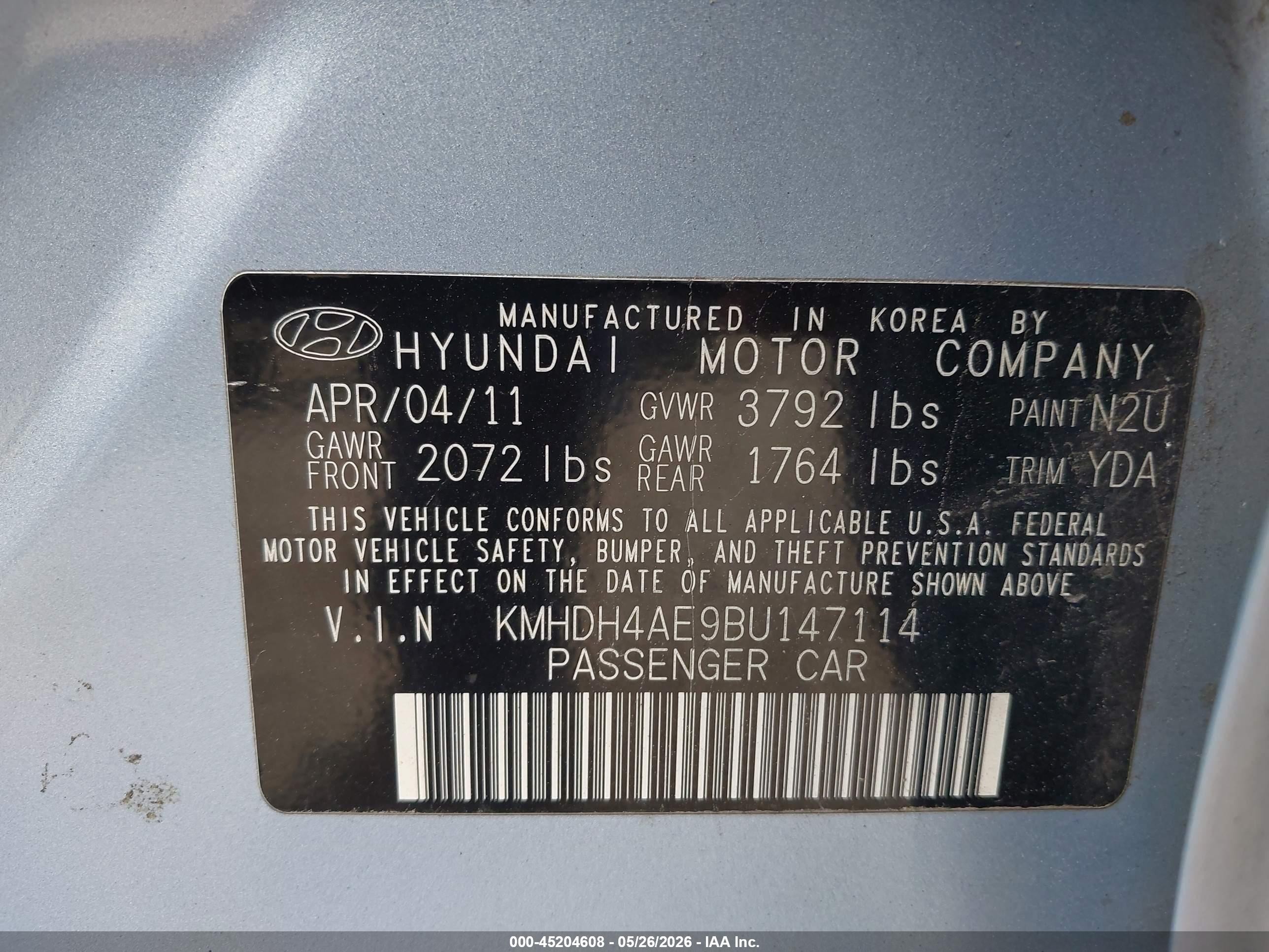 2011 Hyundai Elantra Gls (ulsan Plant) Light Blue vin: KMHDH4AE9BU147114