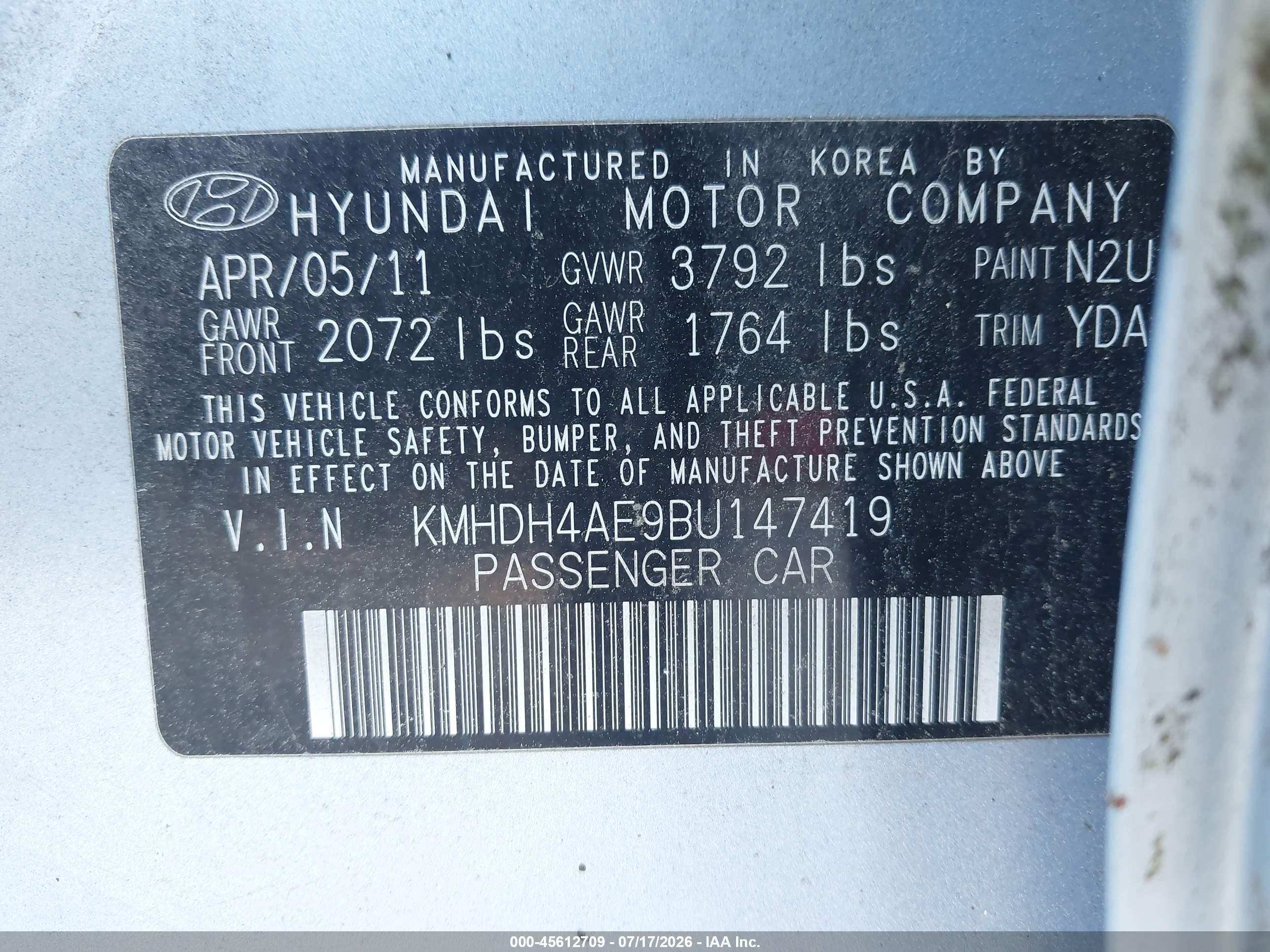 2011 Hyundai Elantra Gls/limited Light Blue vin: KMHDH4AE9BU147419