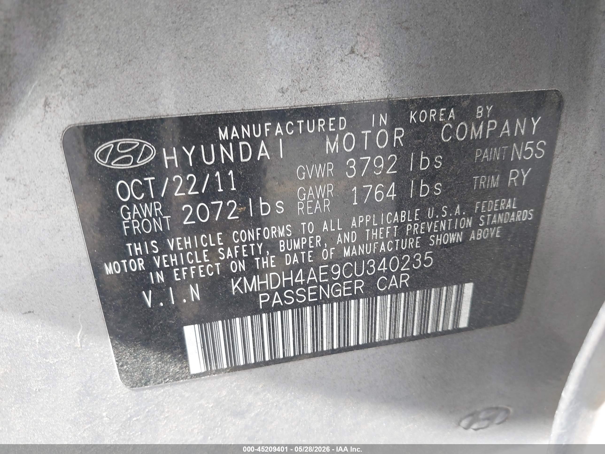 2012 Hyundai Elantra Limited (ulsan Plant) Gray vin: KMHDH4AE9CU340235