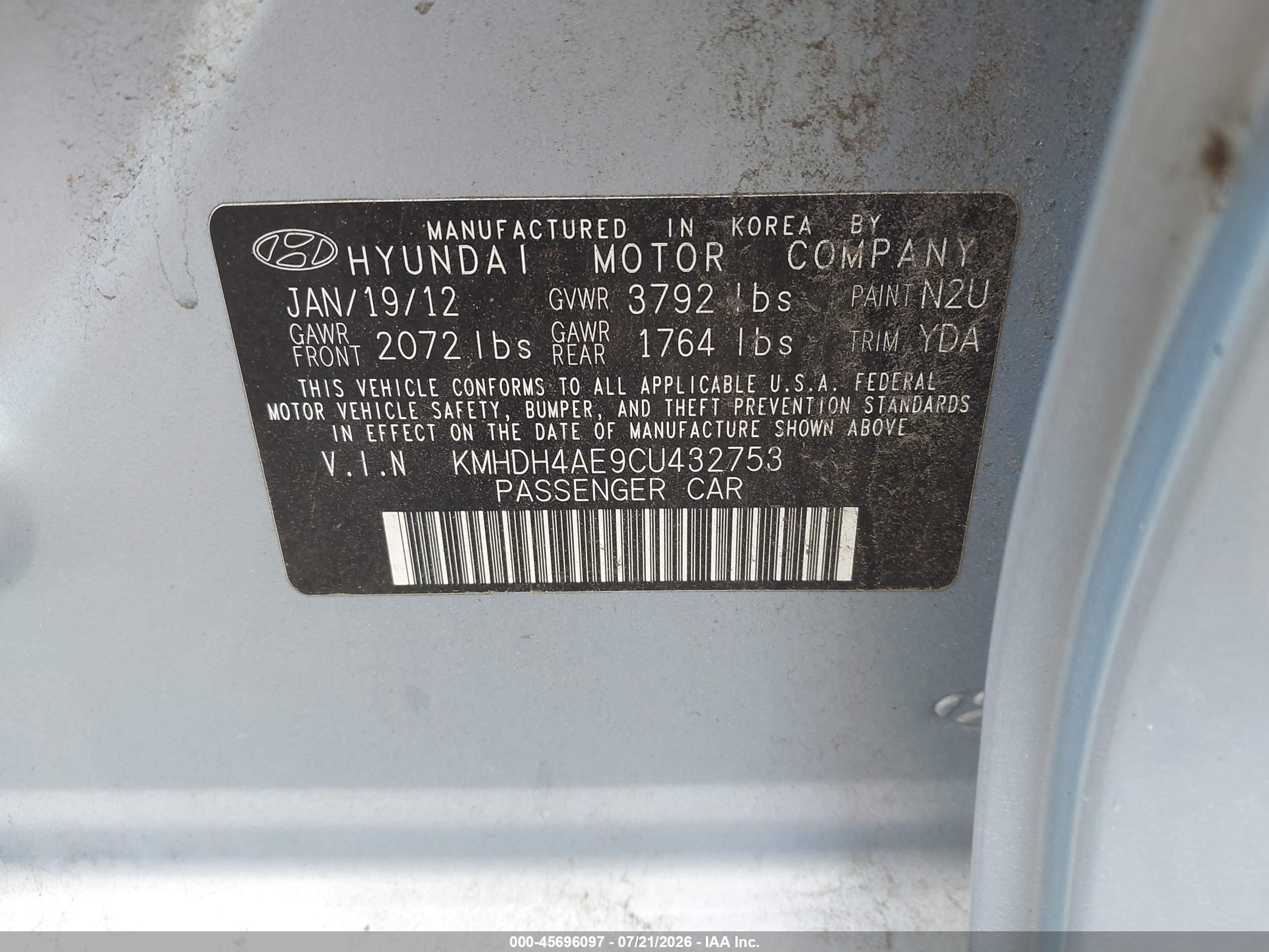 2012 Hyundai Elantra Limited (ulsan Plant) Blue vin: KMHDH4AE9CU432753