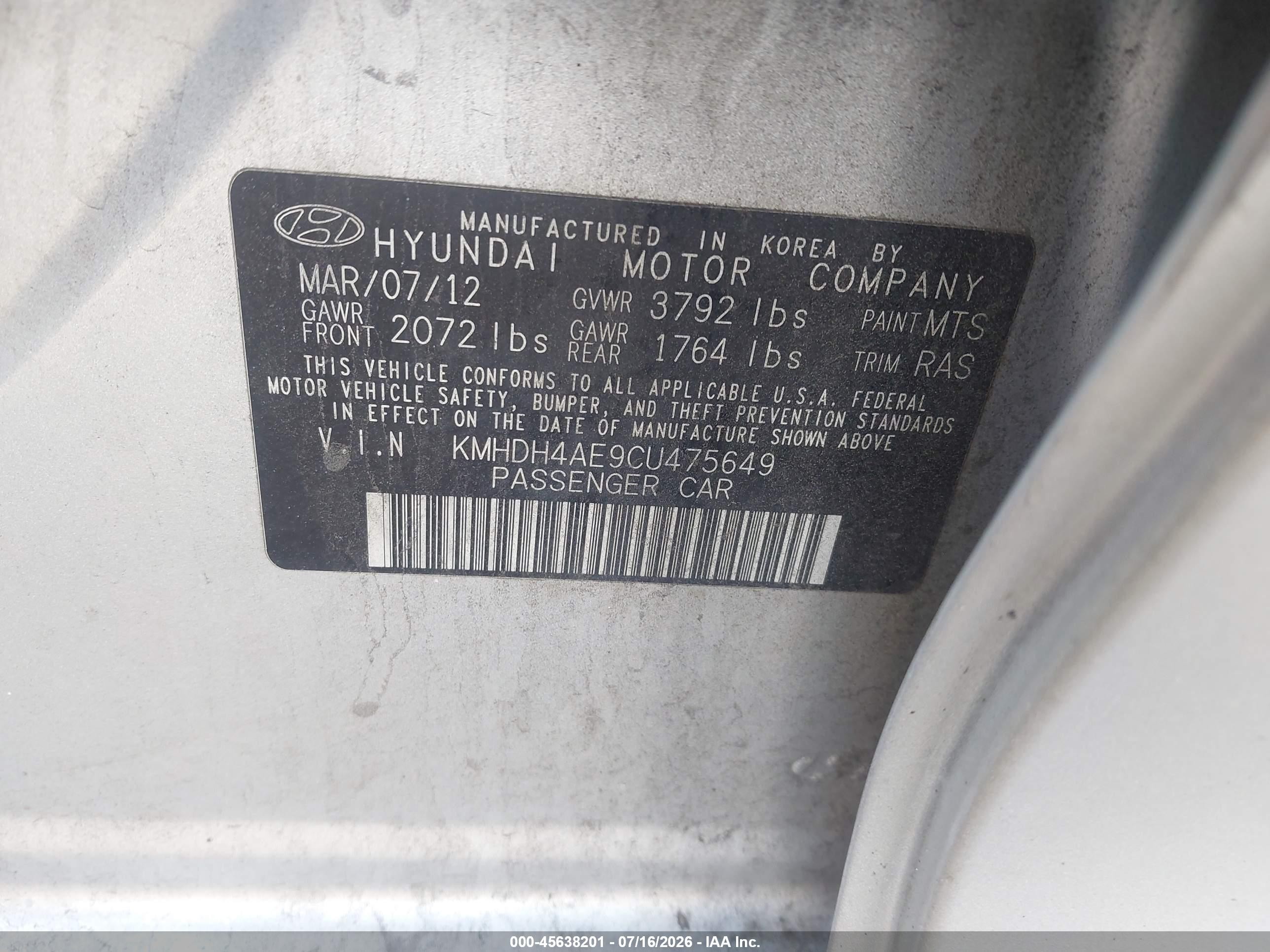2012 Hyundai Elantra Gls (ulsan Plant) Silver vin: KMHDH4AE9CU475649