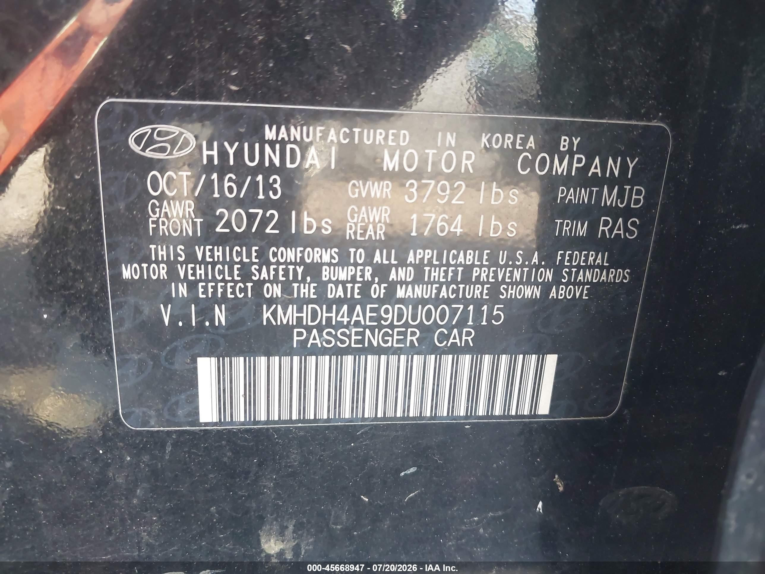 2013 Hyundai Elantra Limited Black vin: KMHDH4AE9DU007115