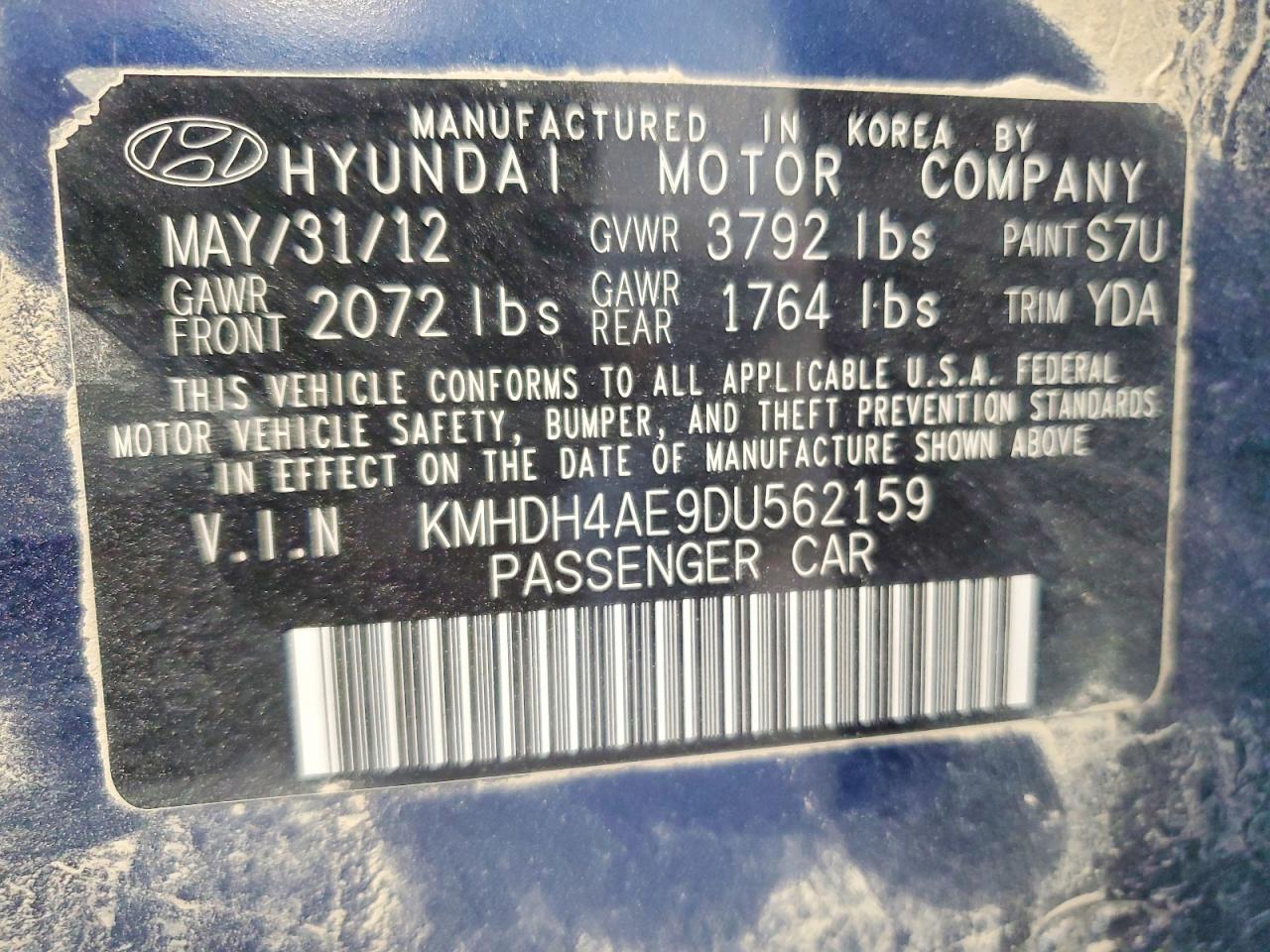 2013 Hyundai Elantra Gls Blue vin: KMHDH4AE9DU562159