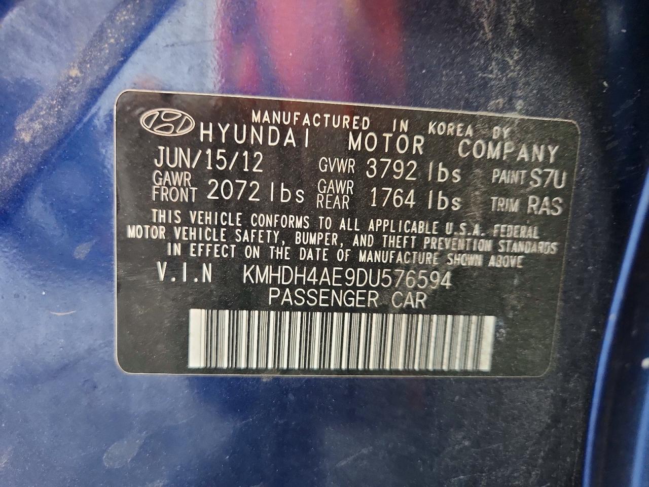 2013 Hyundai Elantra Limited Blue vin: KMHDH4AE9DU576594