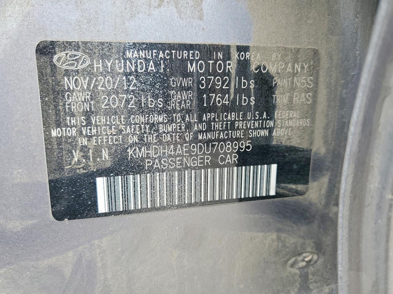 2013 Hyundai Elantra Gls Gray vin: KMHDH4AE9DU708995