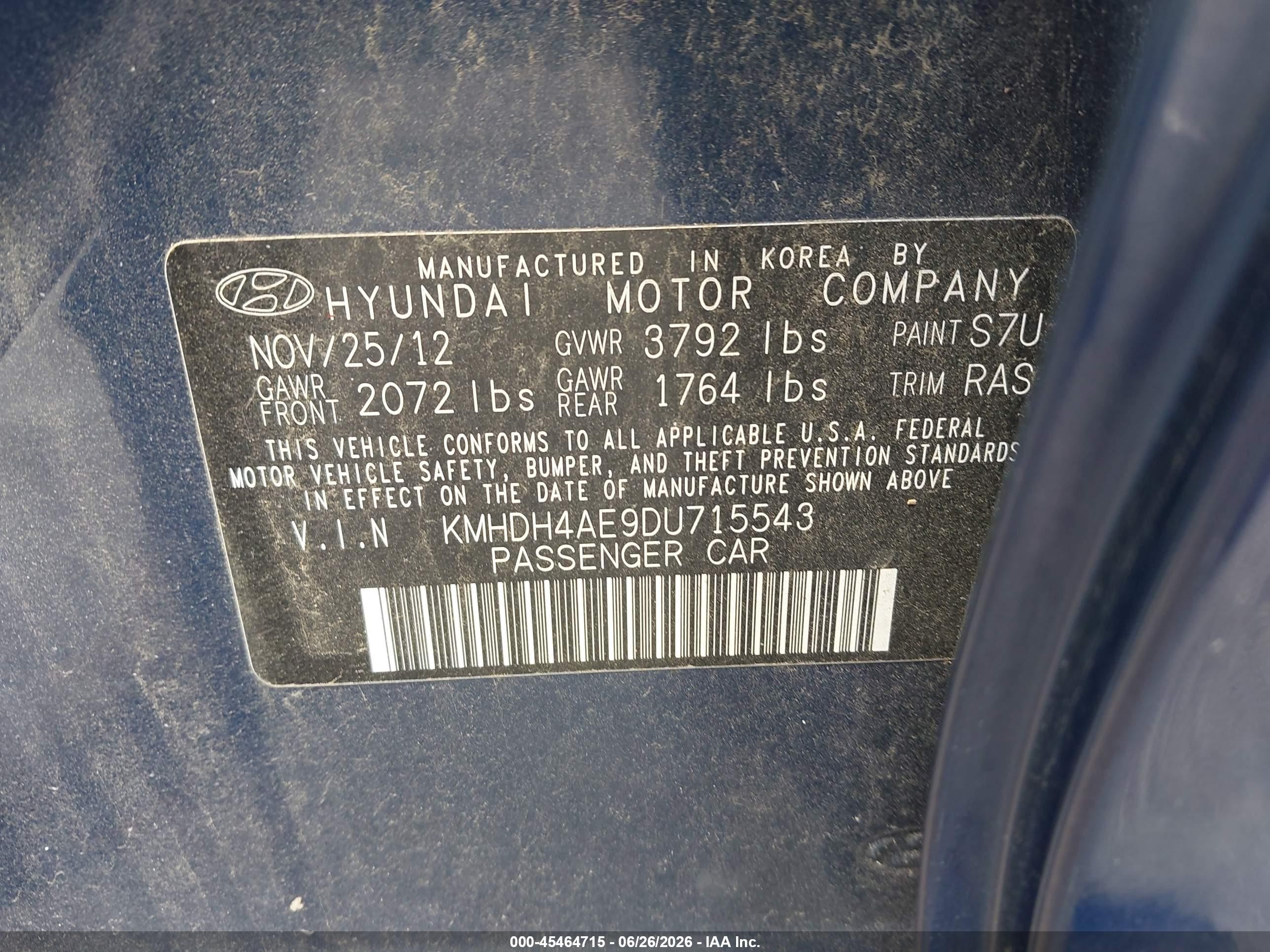 2013 Hyundai Elantra Limited Blue vin: KMHDH4AE9DU715543