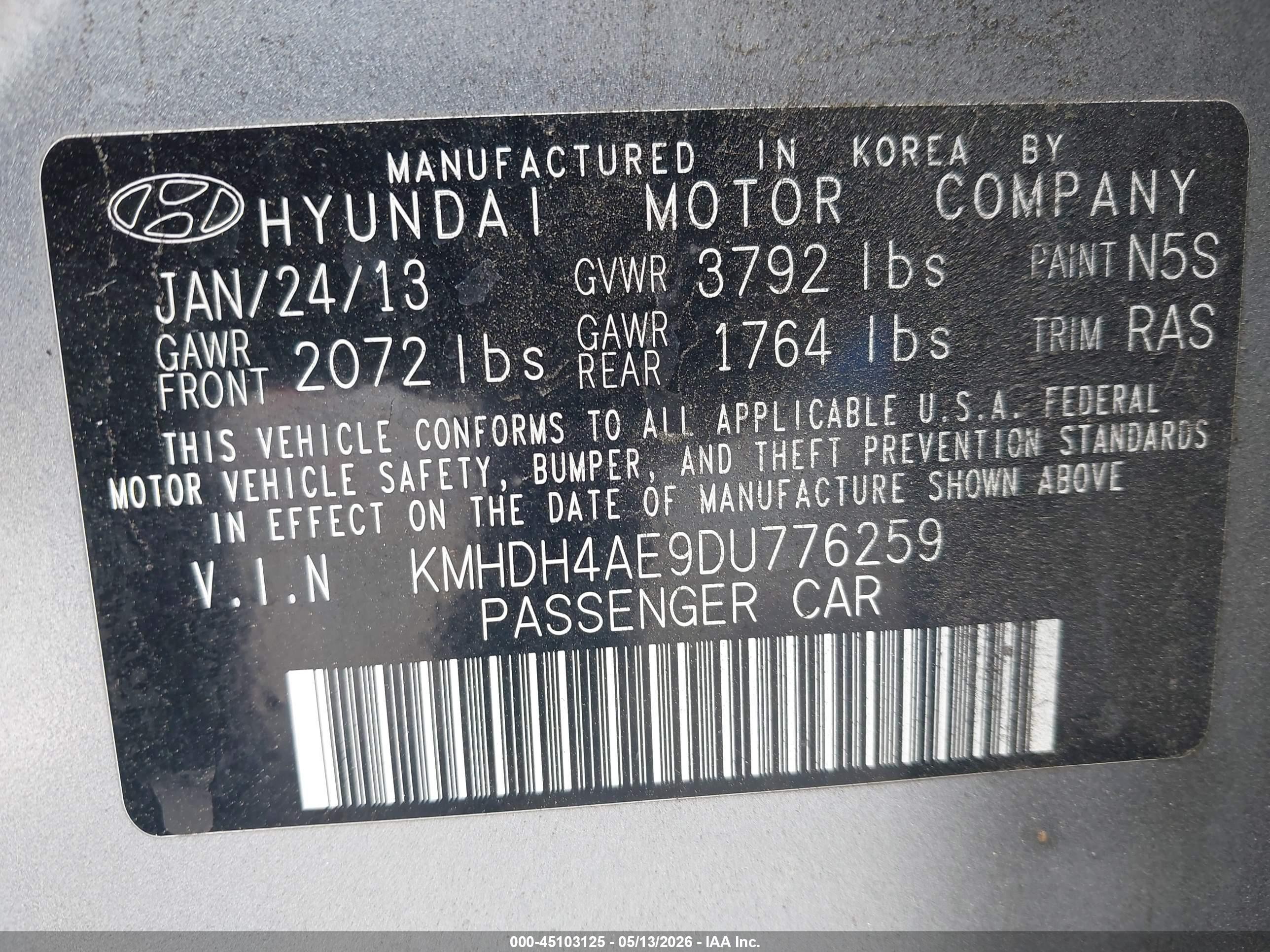 2013 Hyundai Elantra Gls Gray vin: KMHDH4AE9DU776259