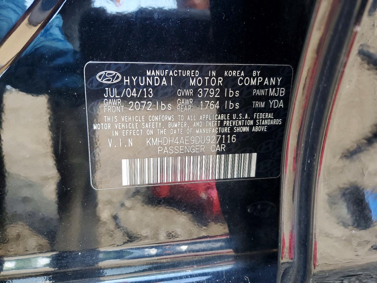 2013 Hyundai Elantra Gls Black vin: KMHDH4AE9DU927116