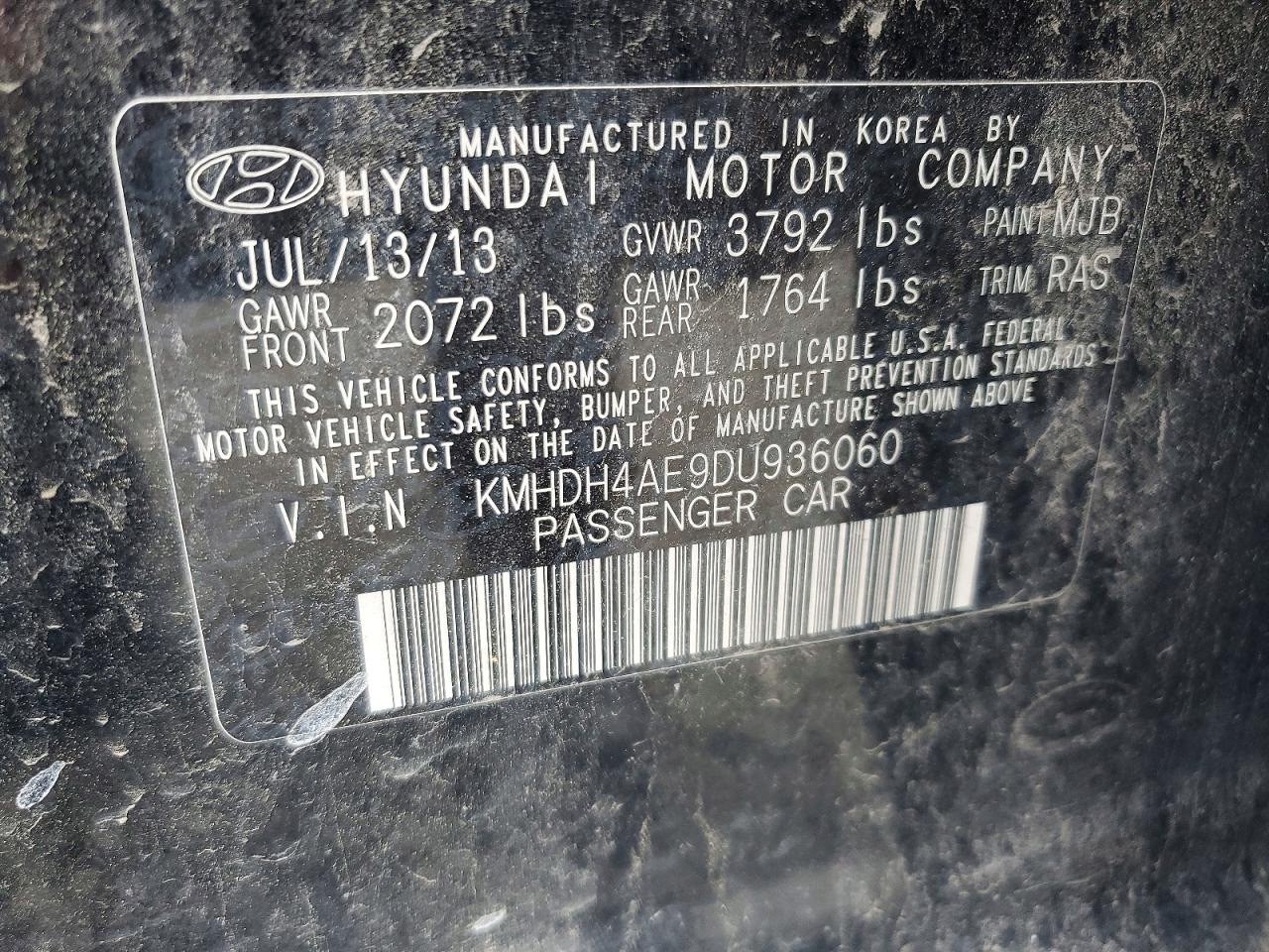 2013 Hyundai Elantra Gls Black vin: KMHDH4AE9DU936060
